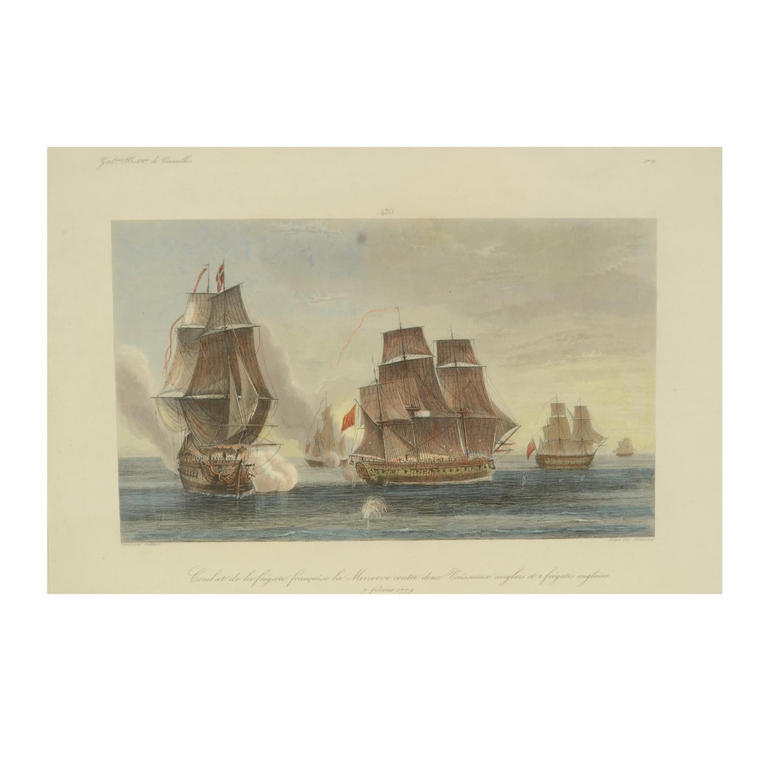 Lithographic print of the fight of the French frigate Minerva against two vessels and an English frigate on February 2nd, 1779, taken from the book Historical Gallery of Versailles 430. Chacoane is the engraver. Original print by Victor Gilbert