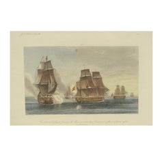 1900 Vintage Lithographic Print of the French Frigate Minerva Oakwood frame
