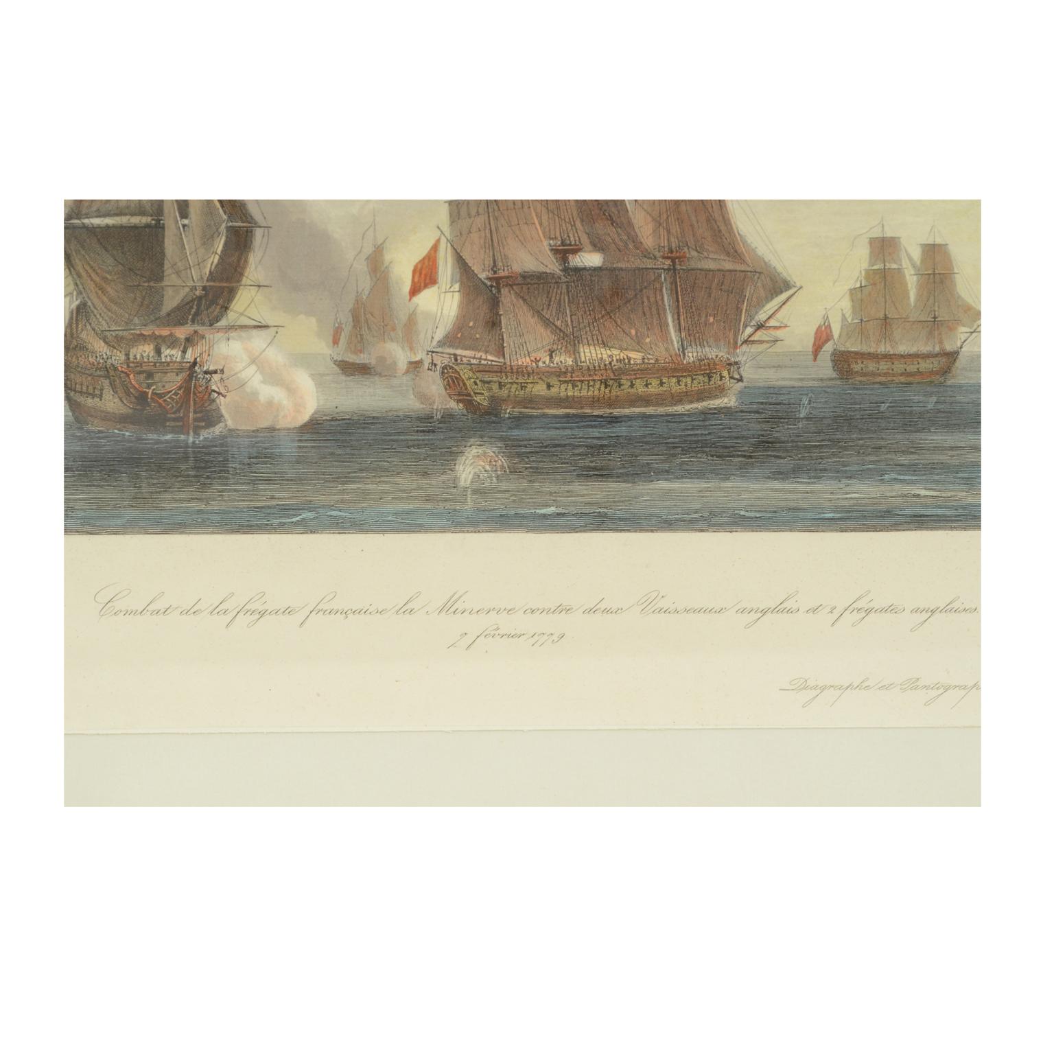 1900 Vintage Lithographic Print of the French Frigate Minerva Oakwood frame For Sale 2