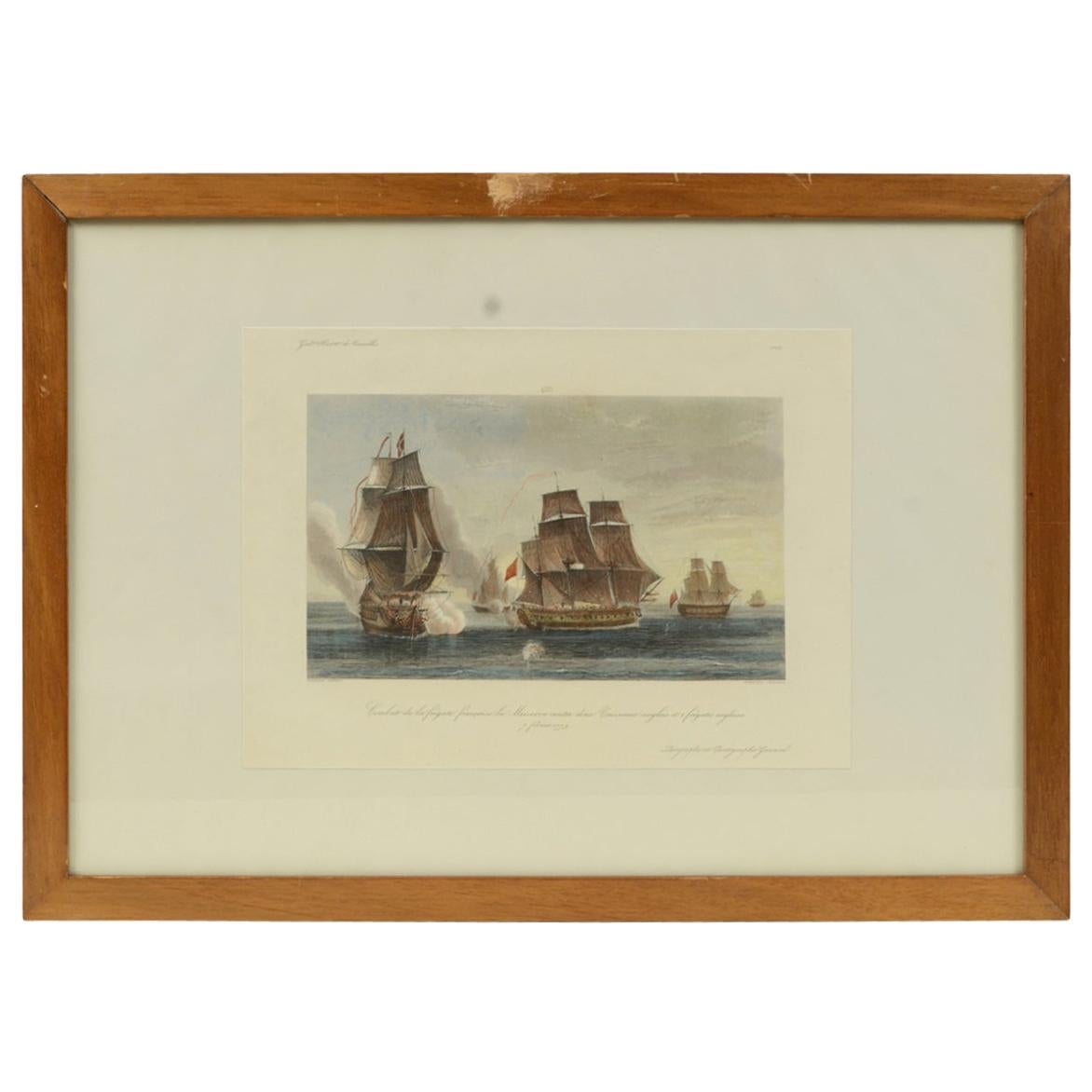 1900 Vintage Lithographic Print of the French Frigate Minerva Oakwood frame For Sale