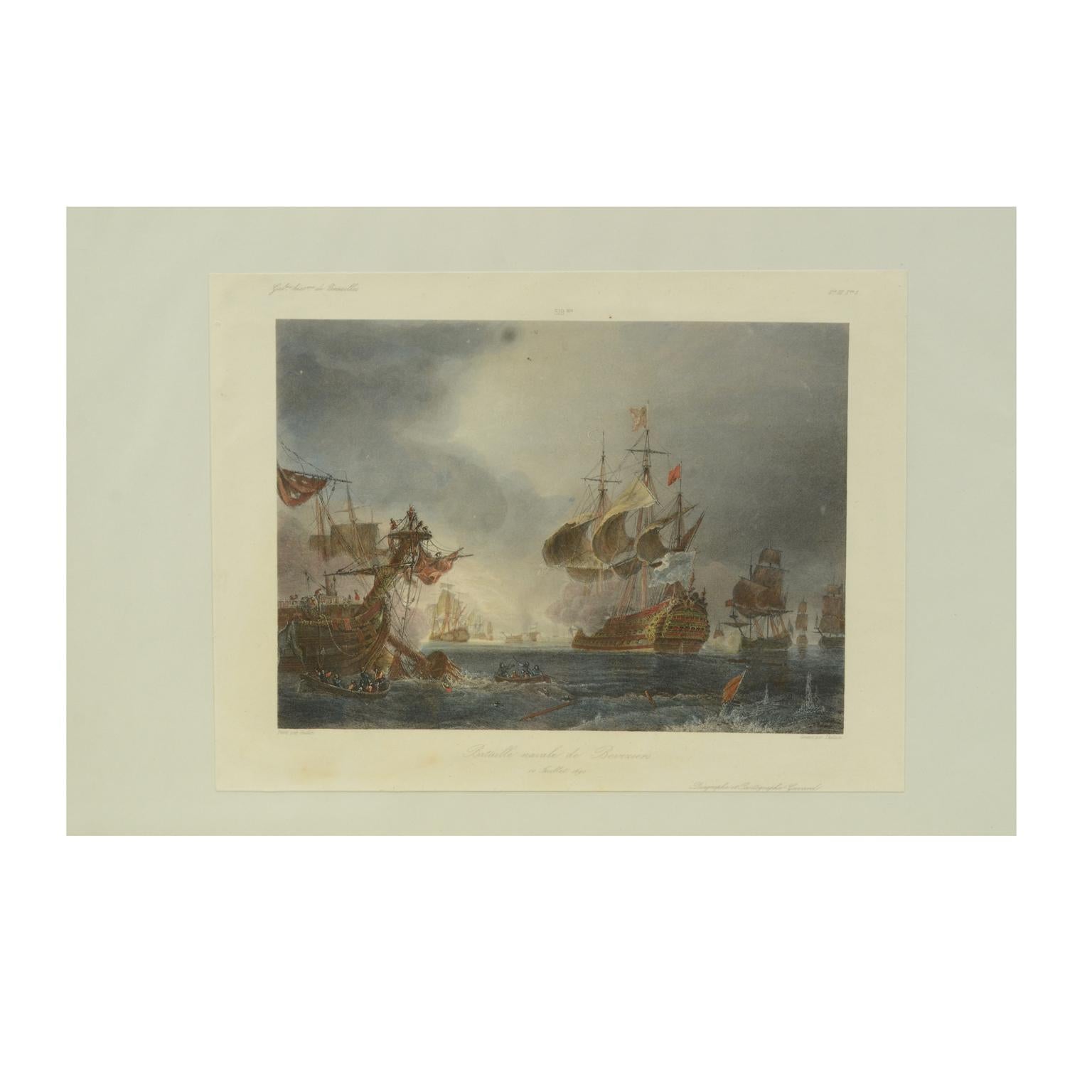 Lithographic print of the Naval Battle of Beziers on 10th July 1690, taken from the book Historical Gallery of Versailles 319bis. Skelton is the engraver. Original print by Victor Gilbert Théodore Gudin, (1802-1880). French manufacture, early 1900s.