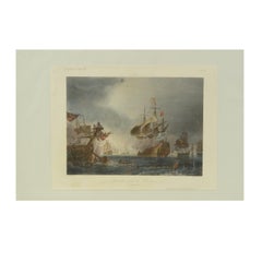 1900s Vintage Lithographic Print of the Naval Battle of Beziers, Oak Wood Frame