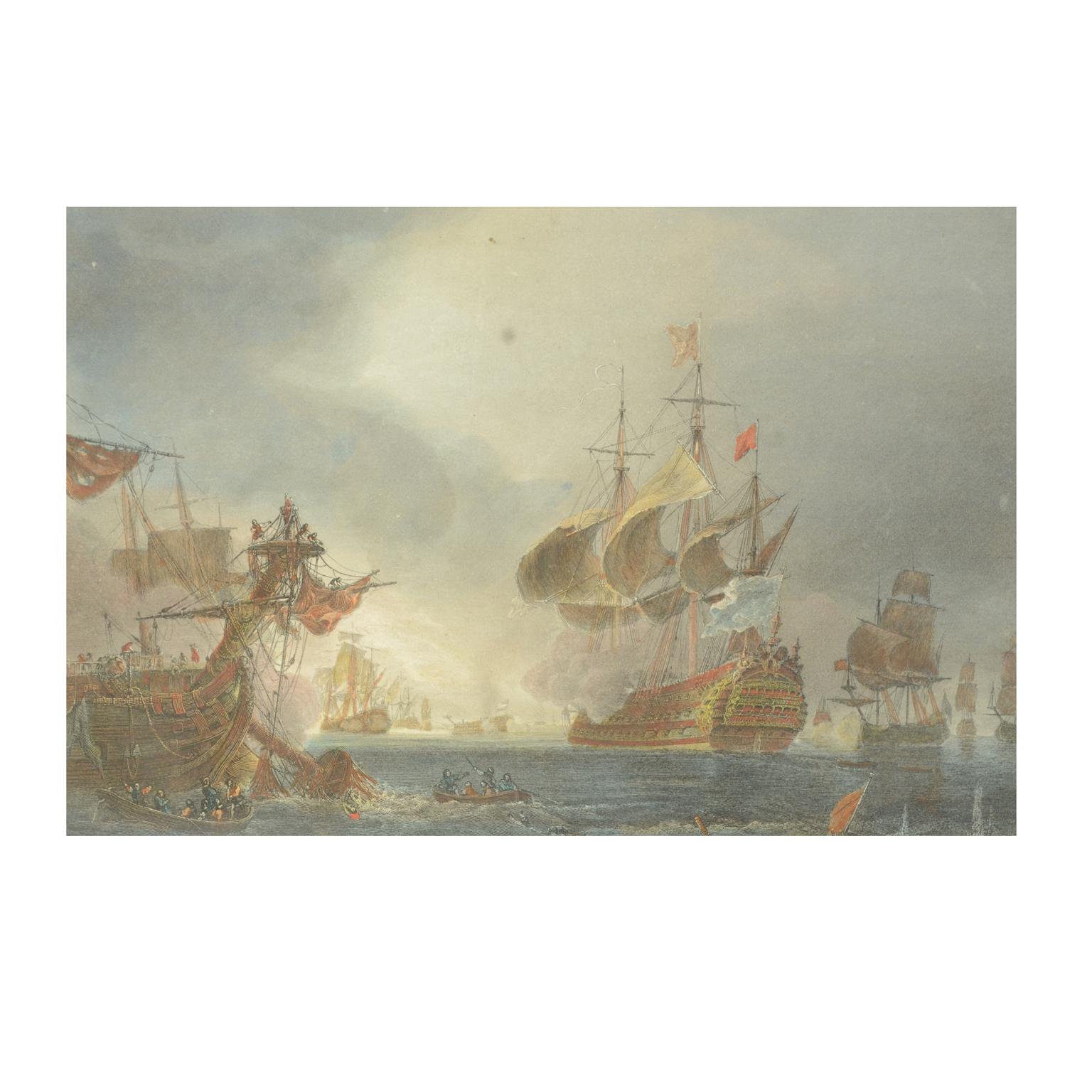 French 1900s Vintage Lithographic Print of the Naval Battle of Beziers, Oak Wood Frame For Sale