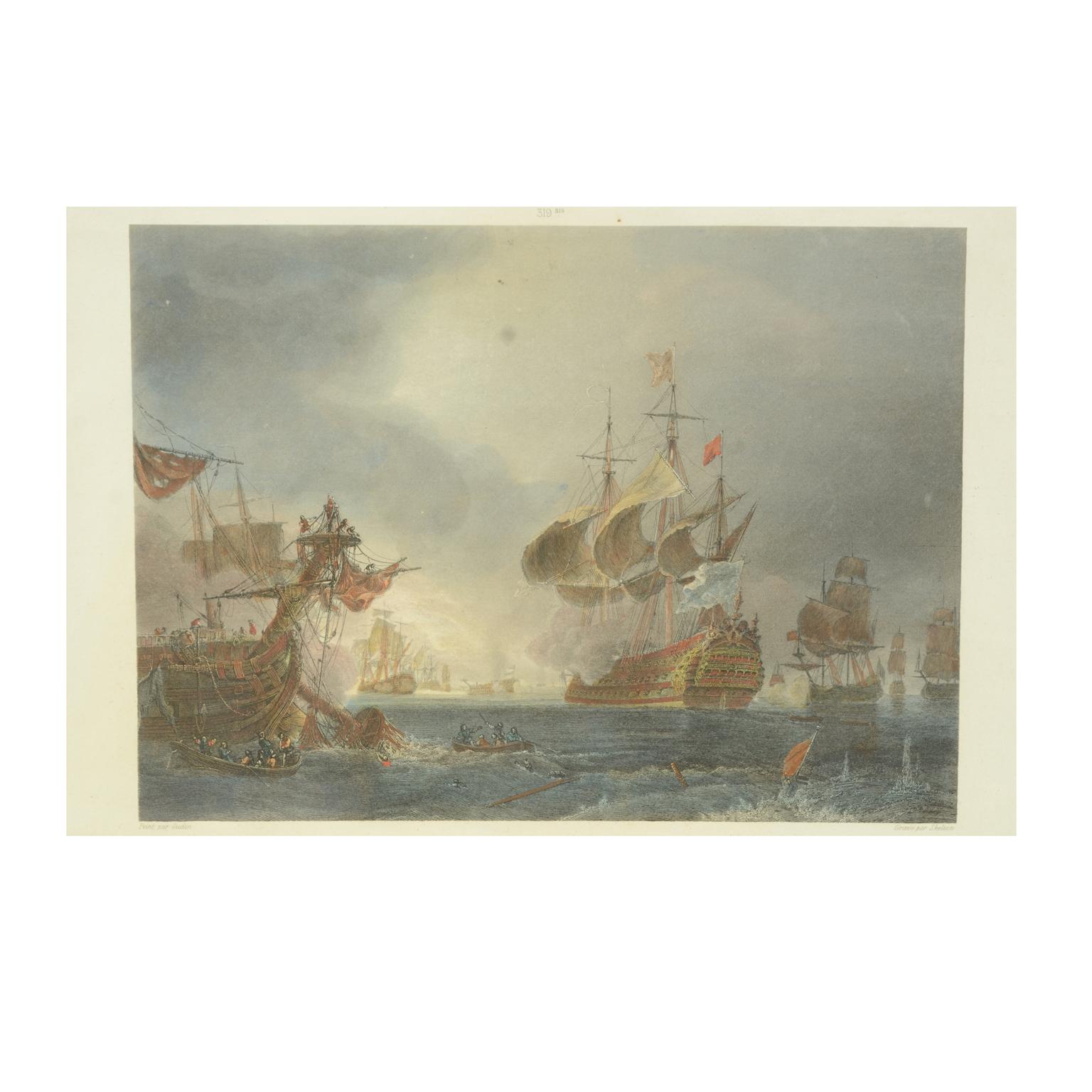 1900s Vintage Lithographic Print of the Naval Battle of Beziers, Oak Wood Frame In Good Condition For Sale In Milan, IT
