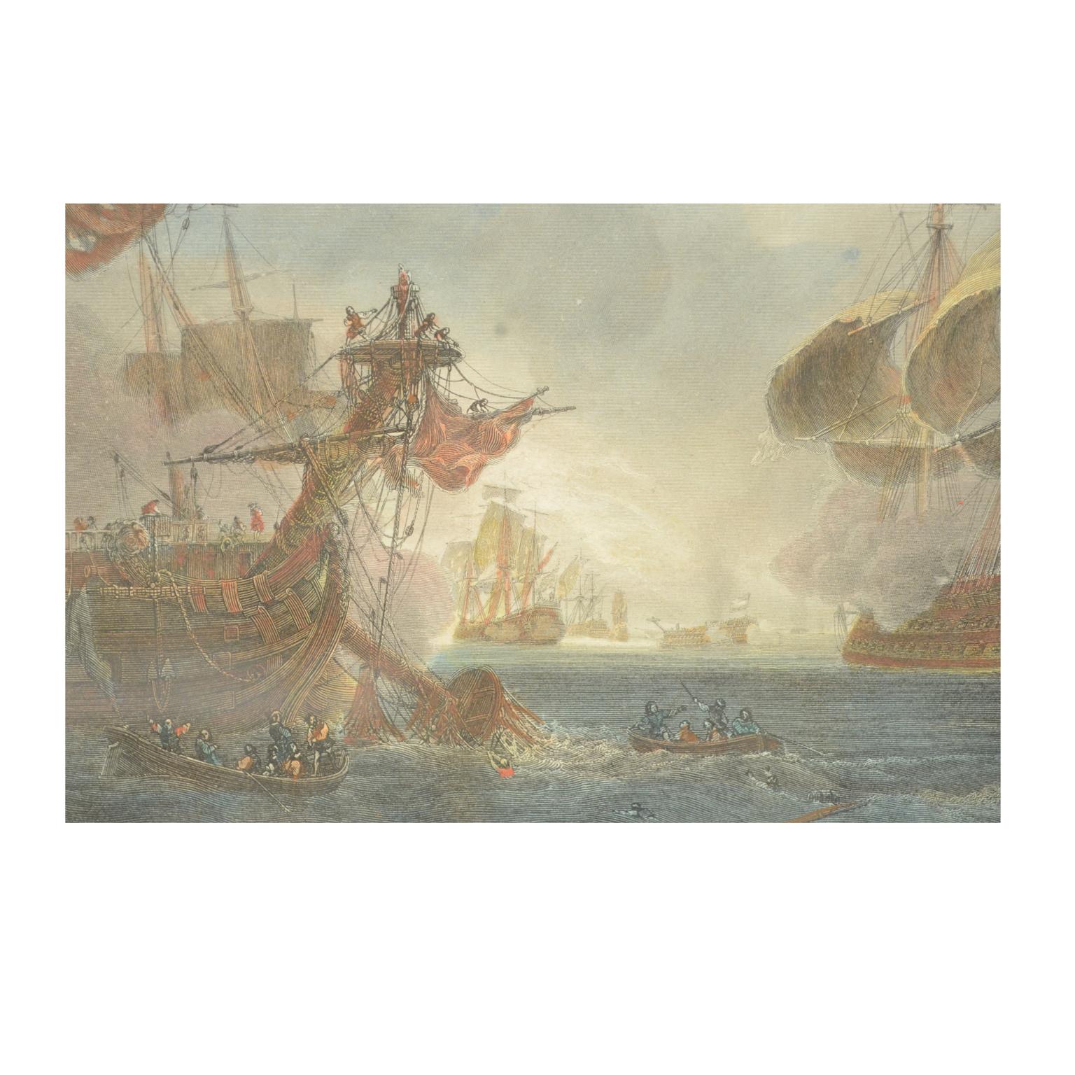 20th Century 1900s Vintage Lithographic Print of the Naval Battle of Beziers, Oak Wood Frame For Sale