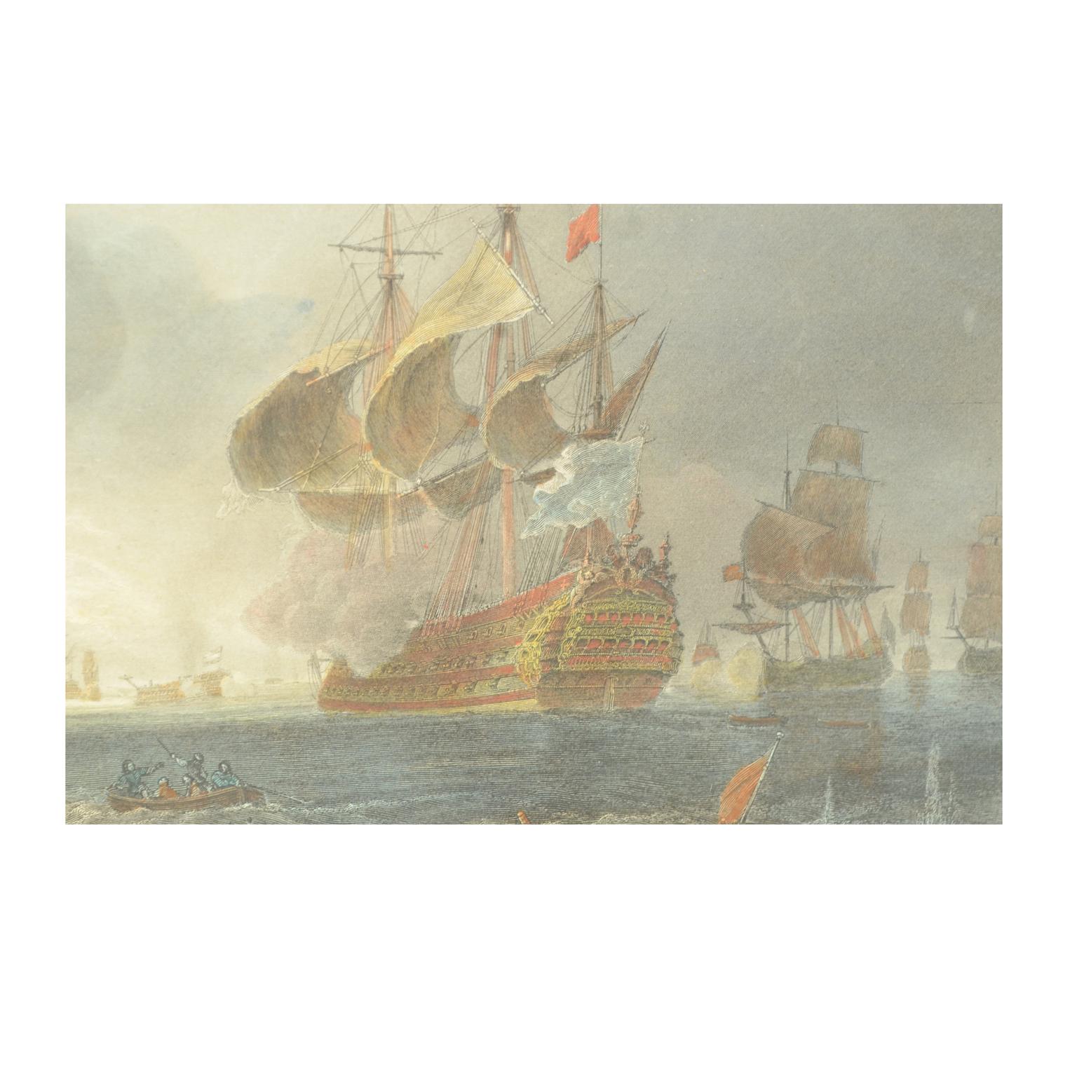 Paper 1900s Vintage Lithographic Print of the Naval Battle of Beziers, Oak Wood Frame For Sale