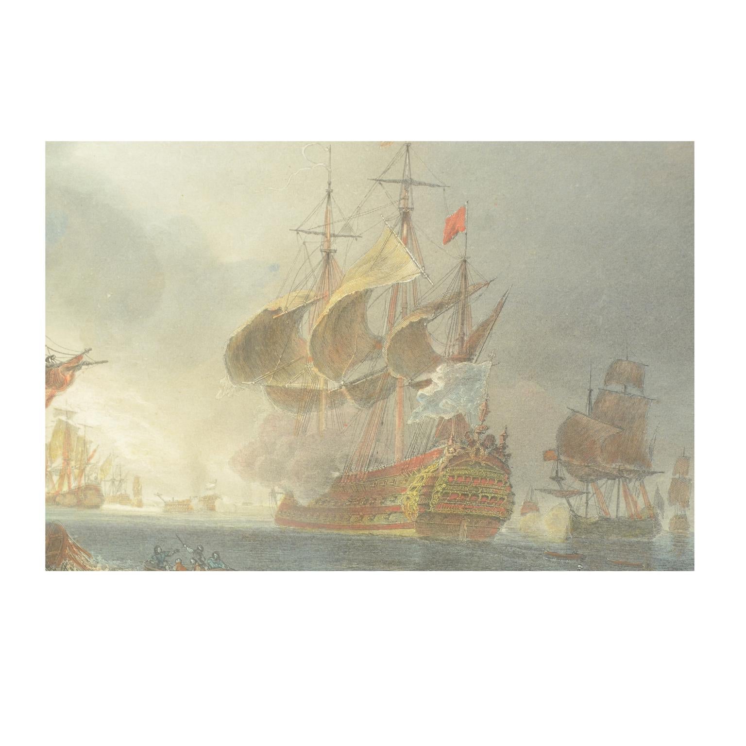 1900s Vintage Lithographic Print of the Naval Battle of Beziers, Oak Wood Frame For Sale 1