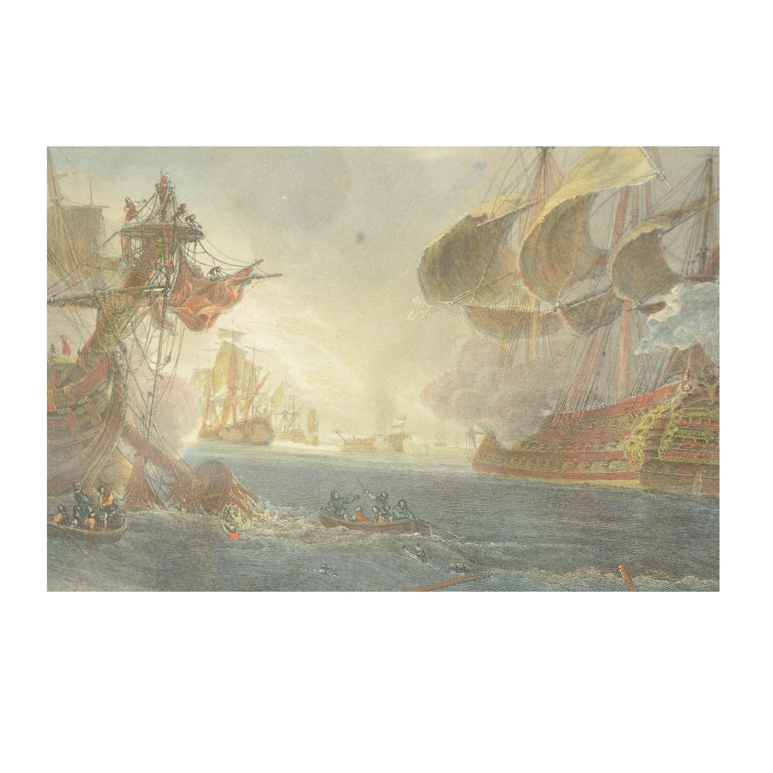 1900s Vintage Lithographic Print of the Naval Battle of Beziers, Oak Wood Frame For Sale 2