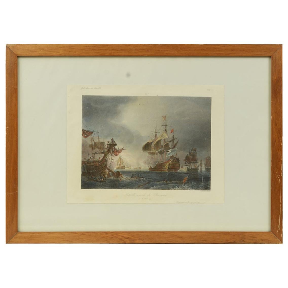 1900s Vintage Lithographic Print of the Naval Battle of Beziers, Oak Wood Frame