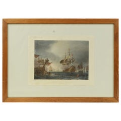 1900s Vintage Lithographic Print of the Naval Battle of Beziers, Oak Wood Frame