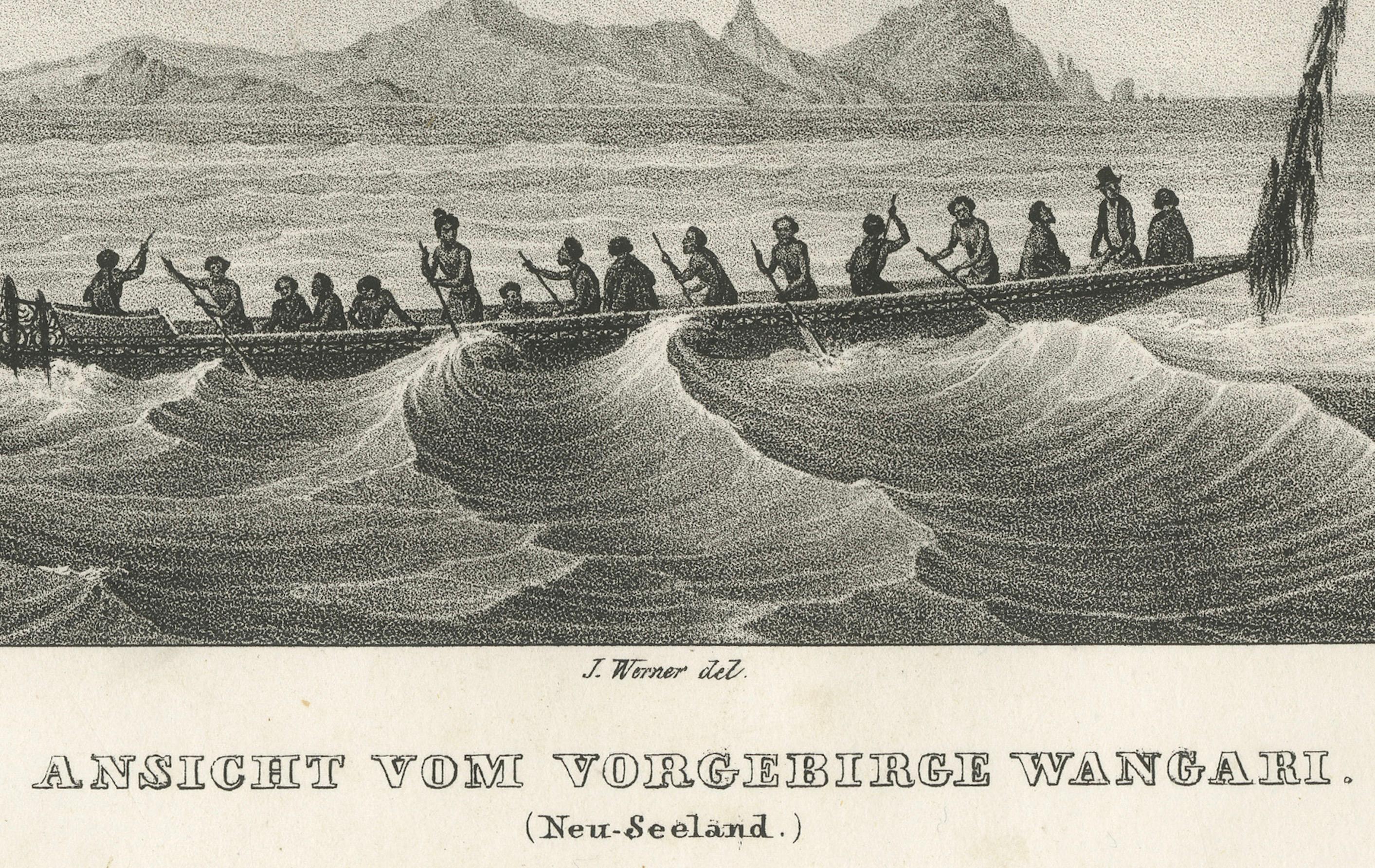 Vista litográfica del cabo Wangari con una canoa maorí (Nueva Zelanda) - 1836 en Bueno estado para la venta en Langweer, NL
