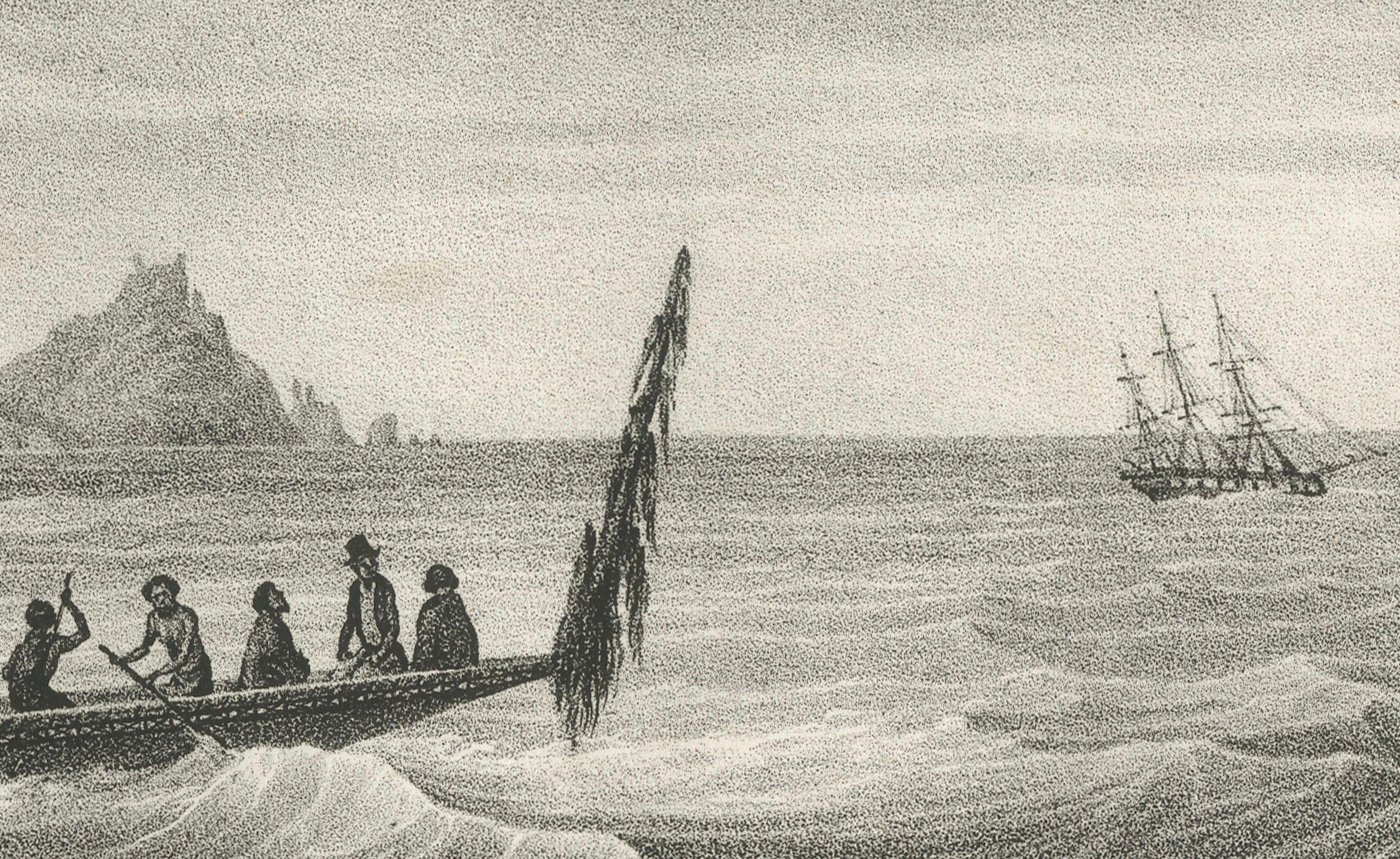 Vista litográfica del cabo Wangari con una canoa maorí (Nueva Zelanda) - 1836 Mediados del siglo XIX en venta