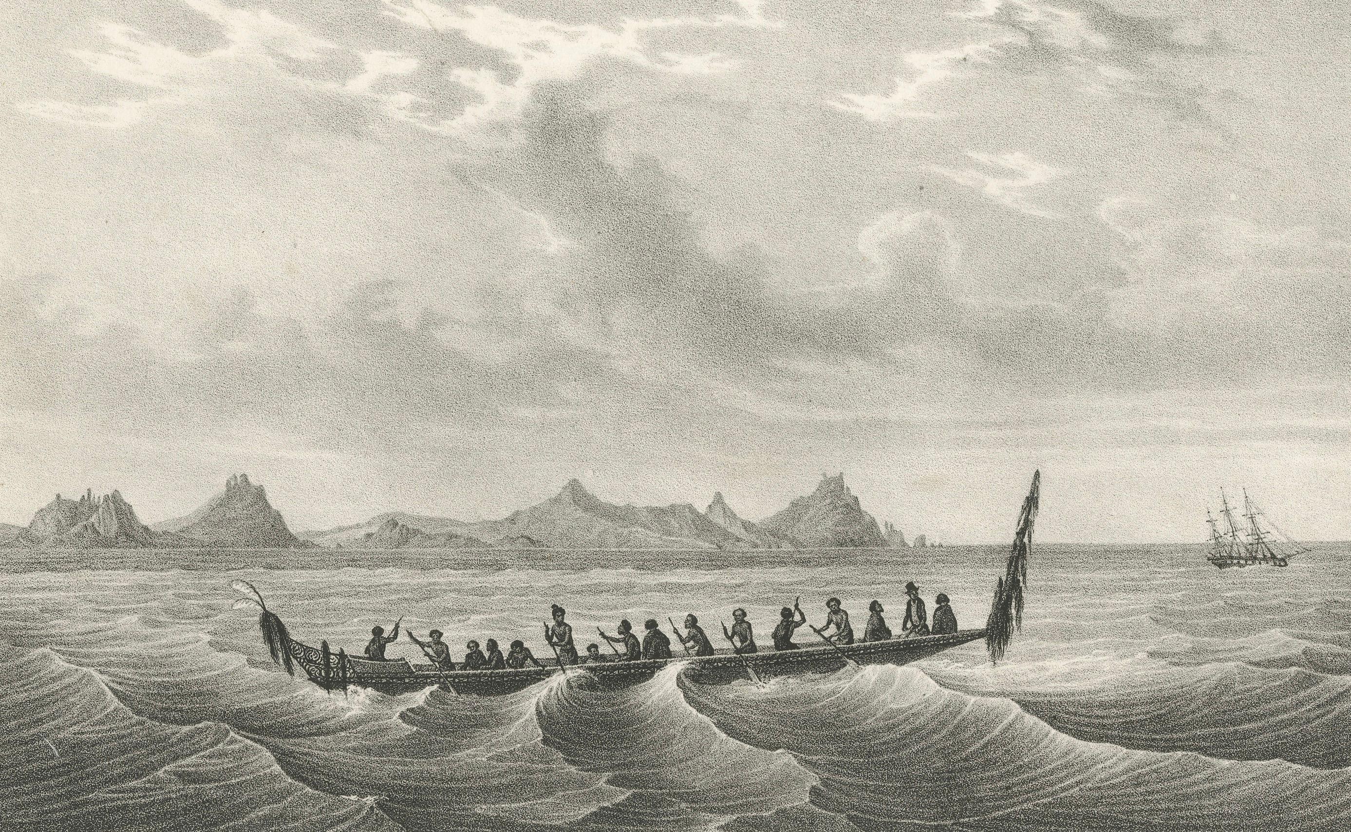 Vista litográfica del cabo Wangari con una canoa maorí (Nueva Zelanda) - 1836 Papel en venta
