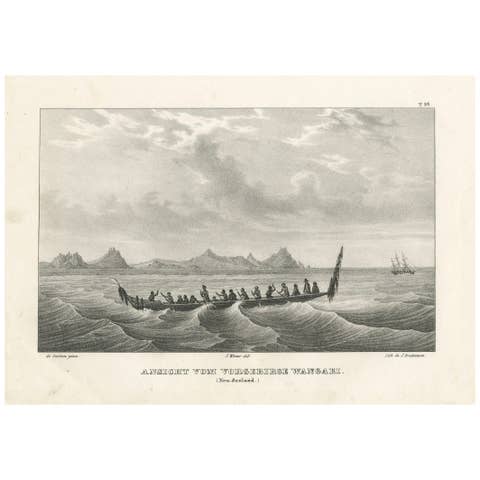 Lithographic View of the Wangari Cape with a Maori Canoe (New Zealand) - 1836