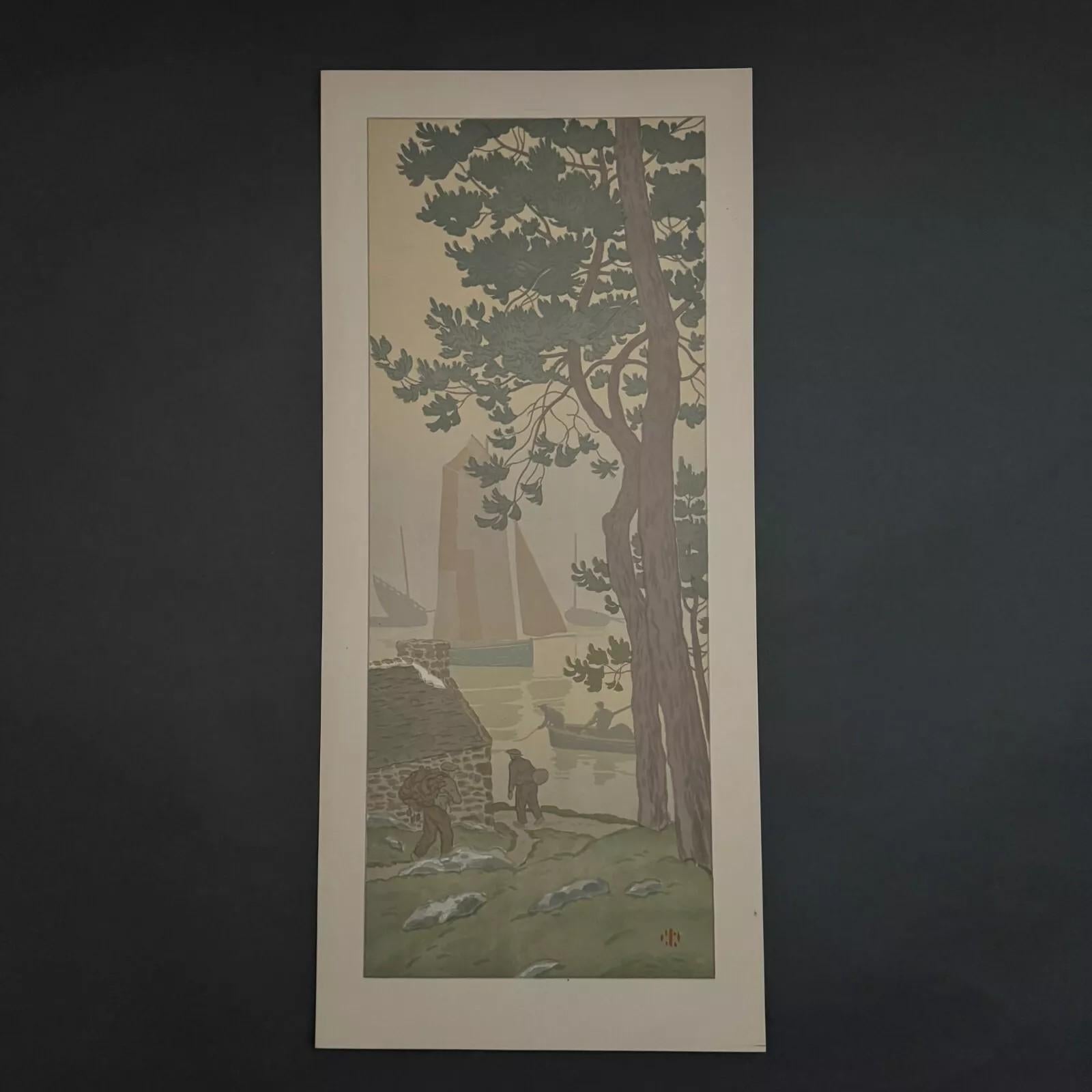 Henri Rivière – “La Féérie des Heures – La Brume”
This lithograph is signed by Henri Rivière and bears a red stamp mark in the lower right corner.
The artwork is authentic and from the original period.

In the margin: small stains and ink marks.
On