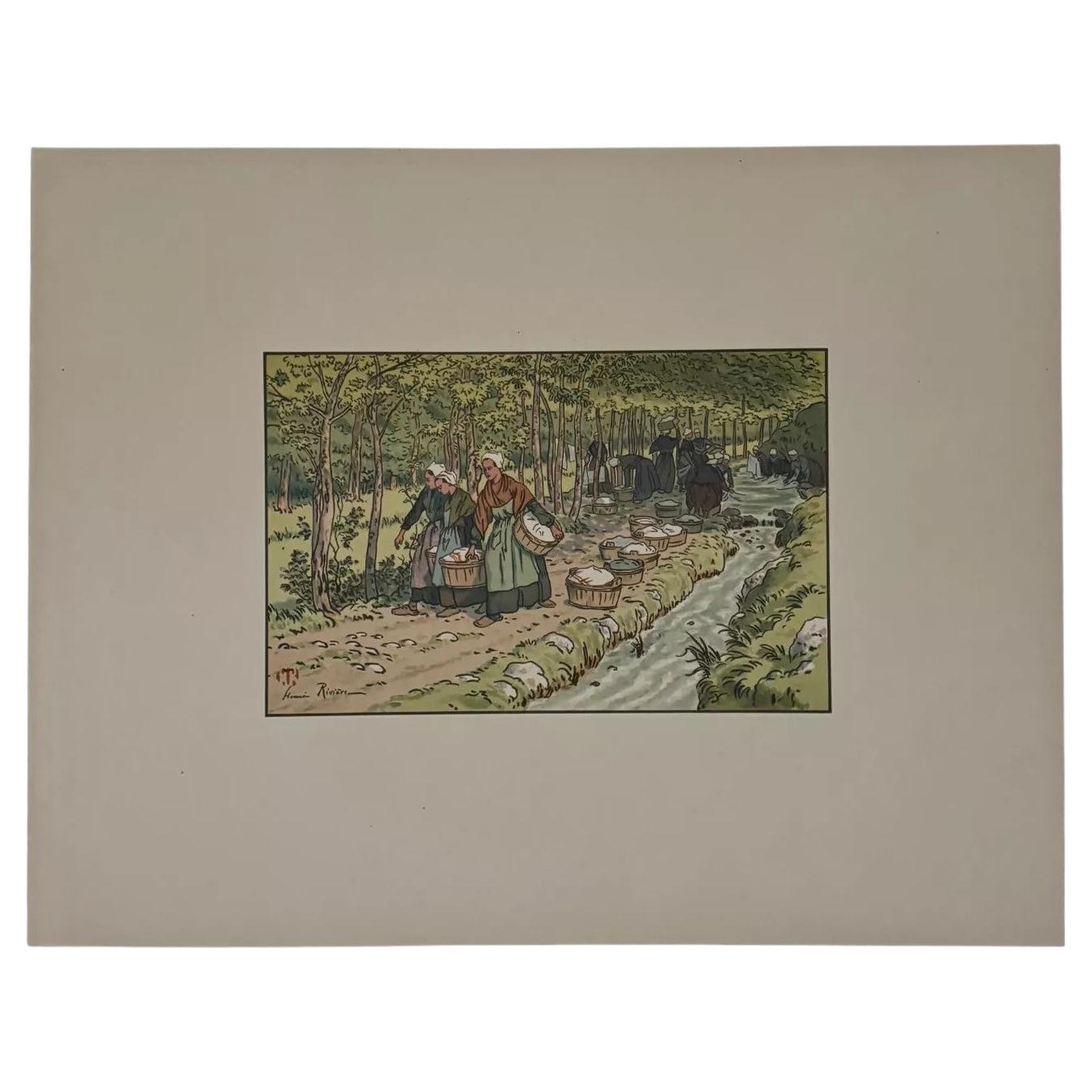 Lithographie von Henri Rivière Le Beau Pays de Bretagne Lavoir à Tréboul
