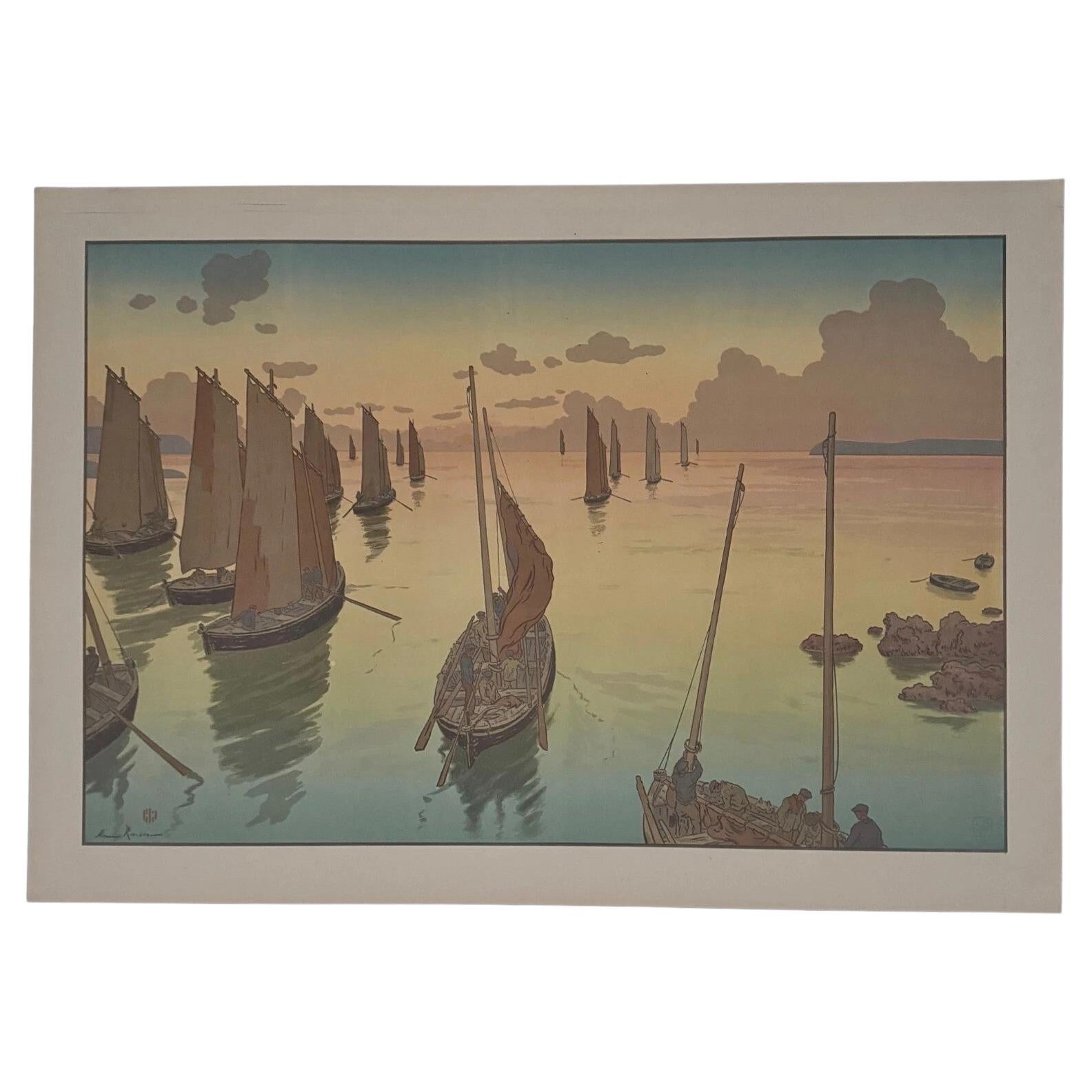 Lithograph by Henri Rivière titled "Le Coucher du Soleil" (The Sunset)