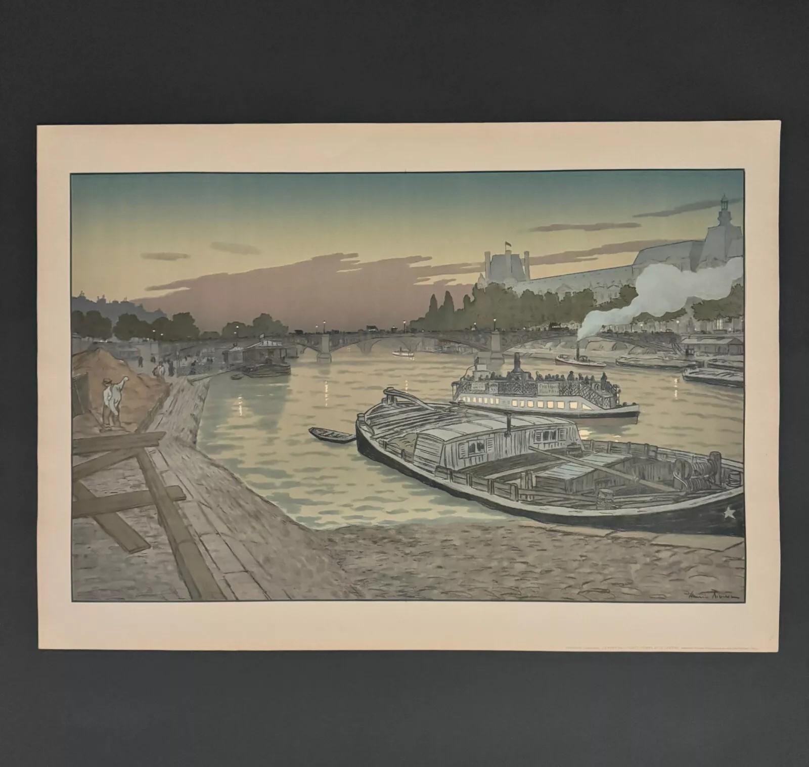 Francese Litografia di Henri Rivière Le Pont des Saints-Pères et le Louvre in vendita