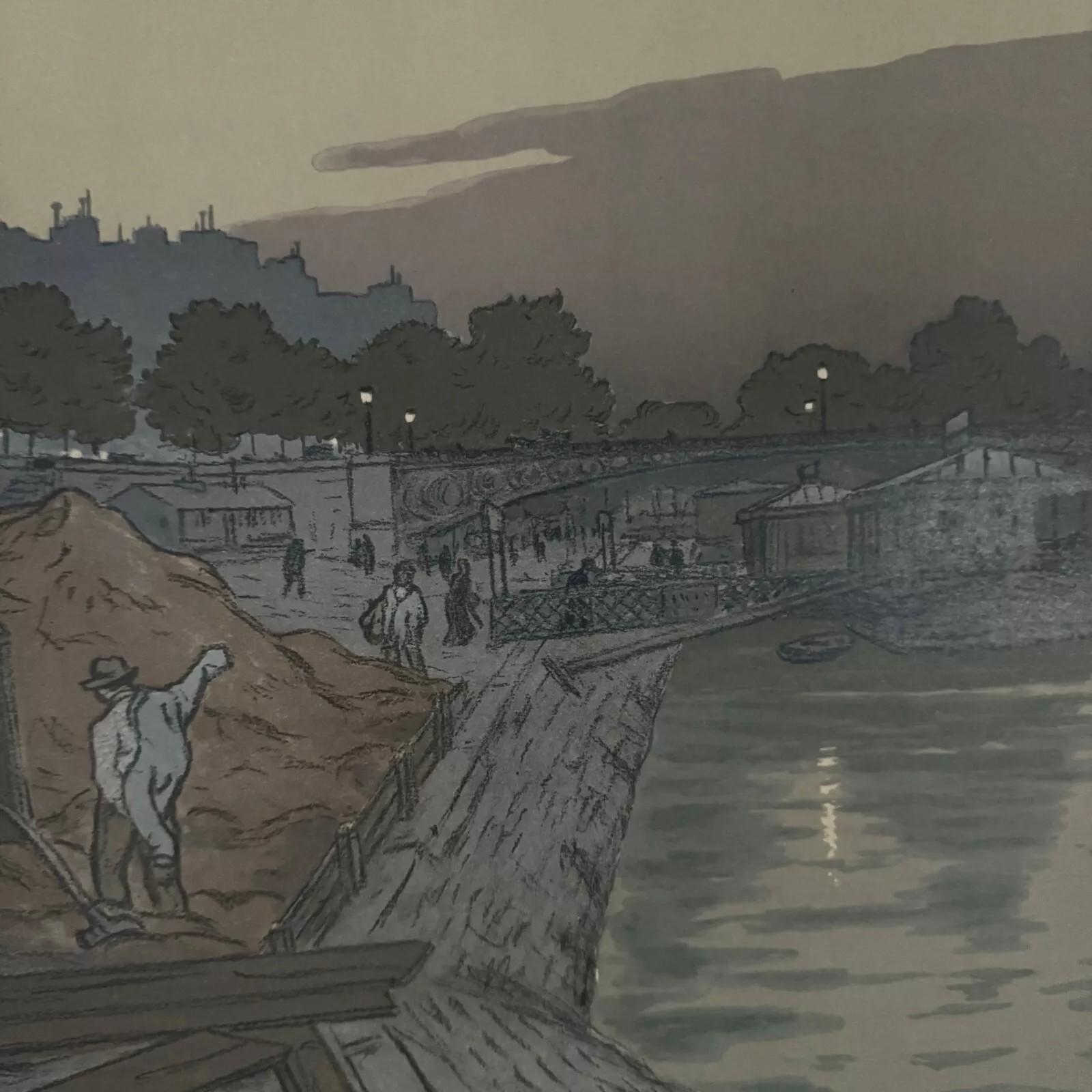 Litographie par Henri Rivière El Puente de los Santos Pedro y el Louvre Papel en venta