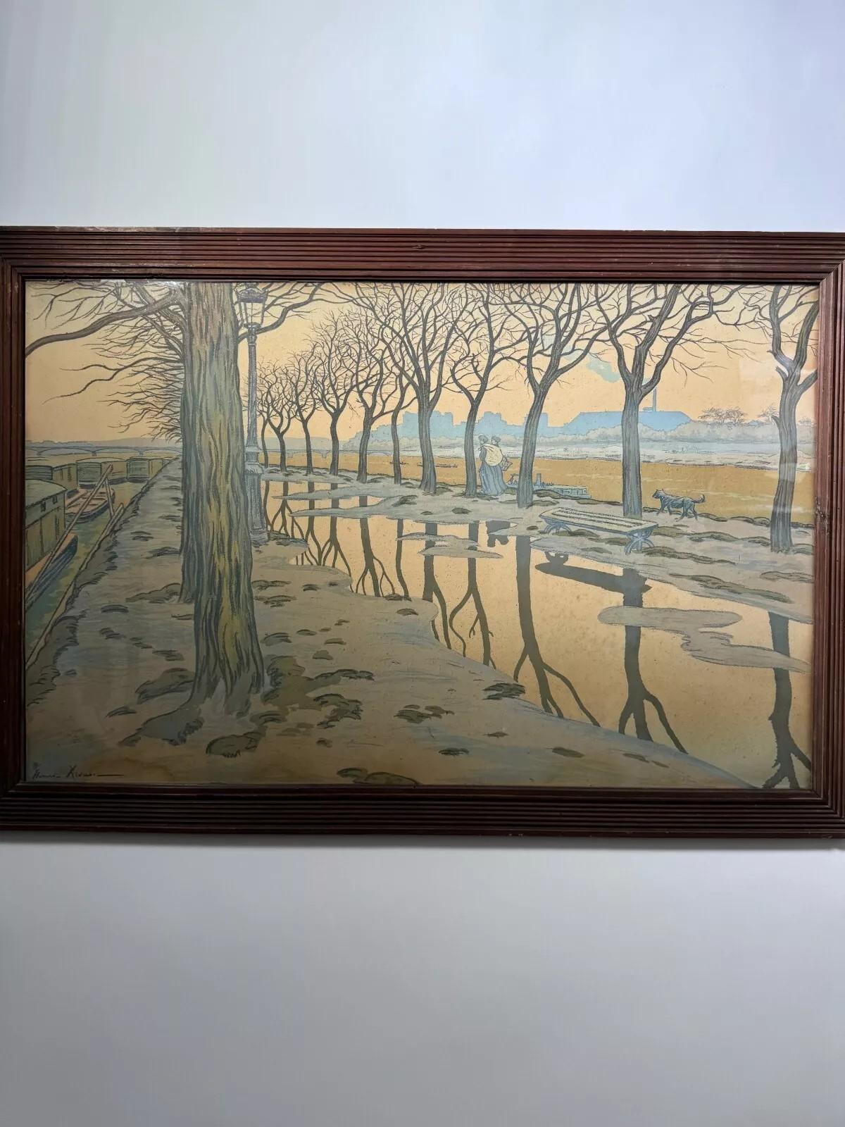 Lithograph by Henri Rivière – L'Île aux Cygnes – Original Framing In Good Condition For Sale In NANTES, FR
