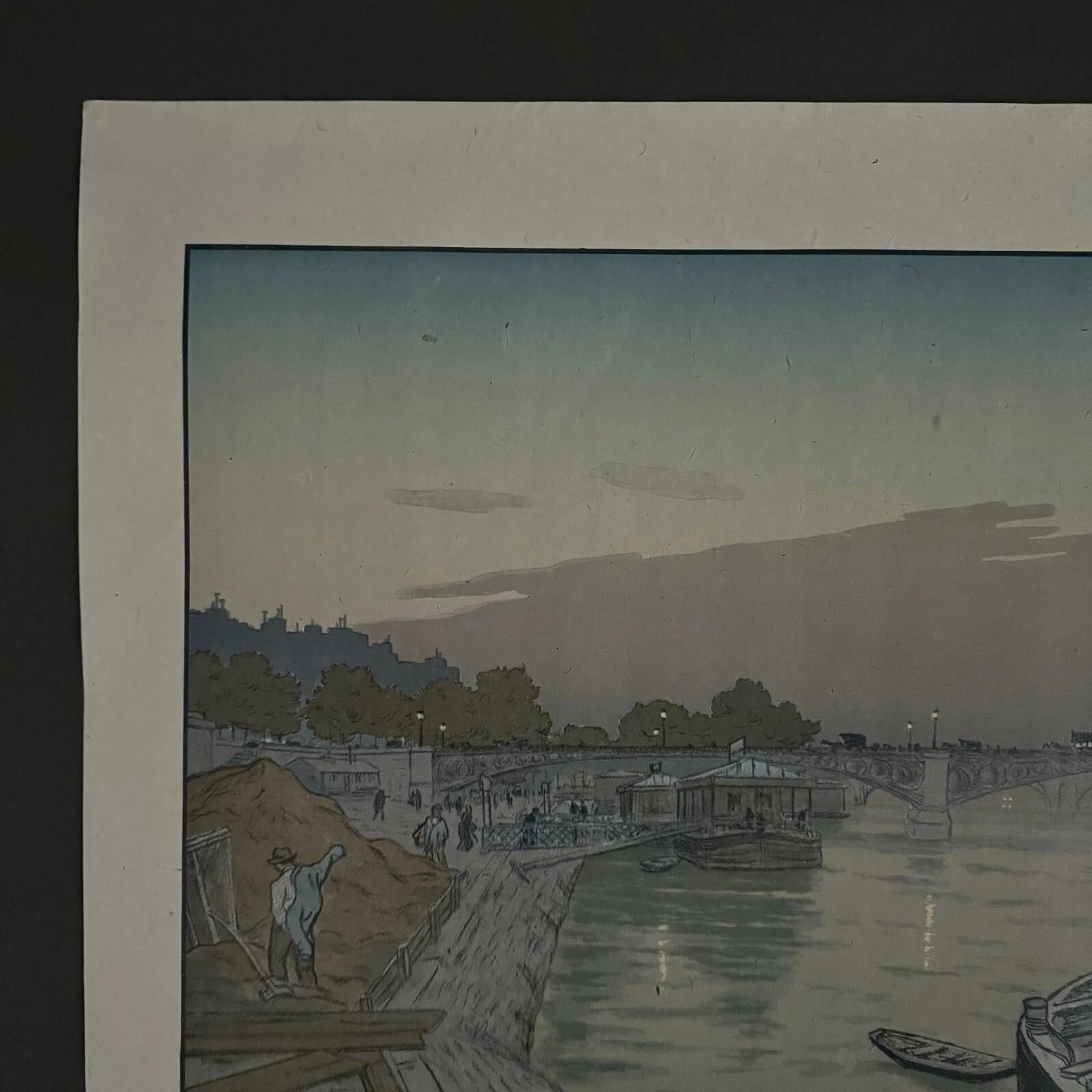XX secolo Litografia su carta di Cina di Henri Rivière Le Pont des St-Pères in vendita