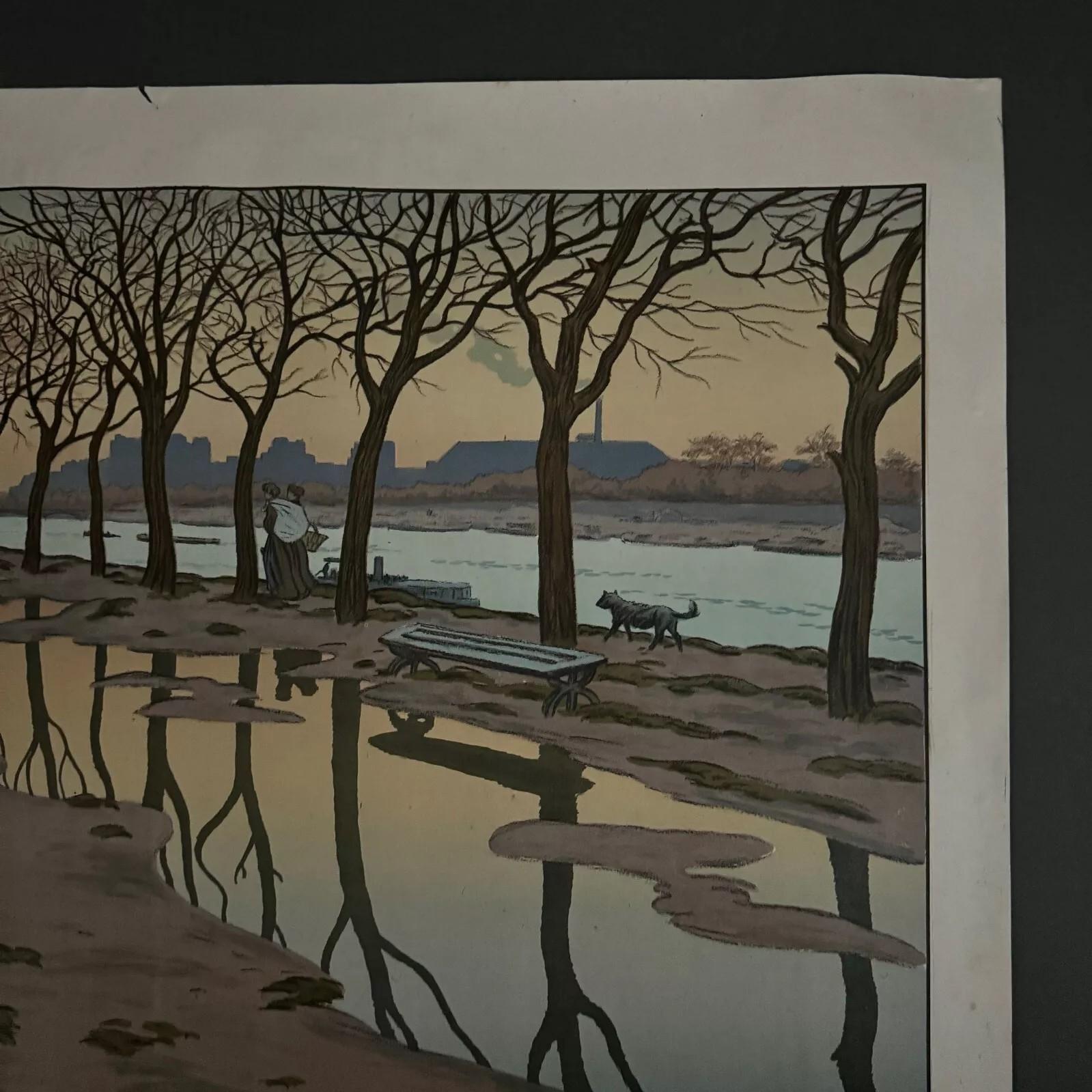 Francese Litografia su carta di Cina di Henri Rivière L'Ile des Cygnes in vendita