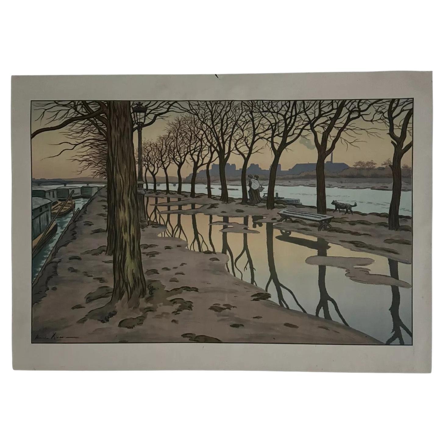 Lithographie sur papier de Chine par Henri Rivière L'Ile des Cygnes