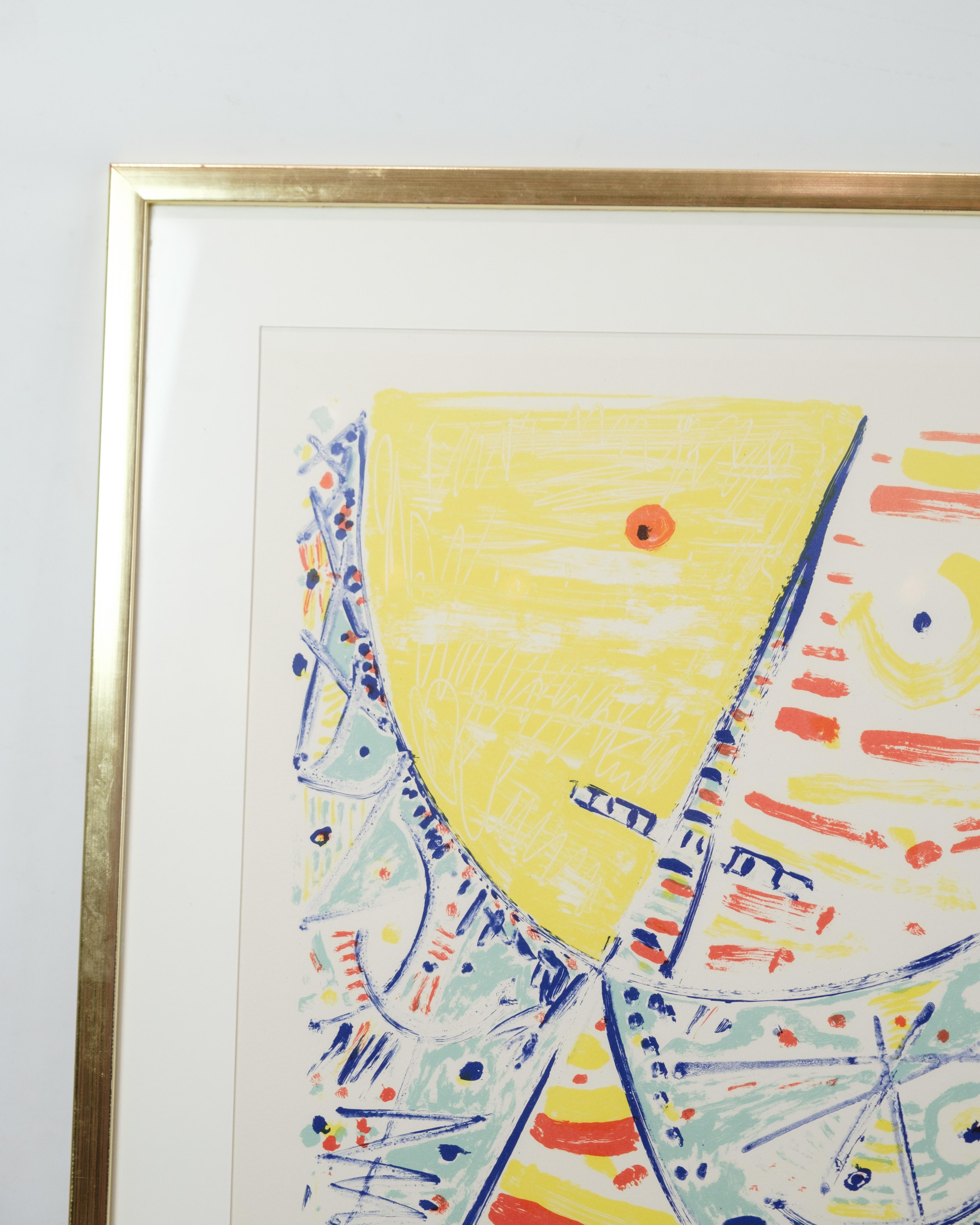 This lithograph was created by Egil Jacobsen, a renowned Danish artist known for his colorful and expressive works. The motif is characteristic of his style with vibrant colors and abstract shapes that balance between spontaneity and control. The