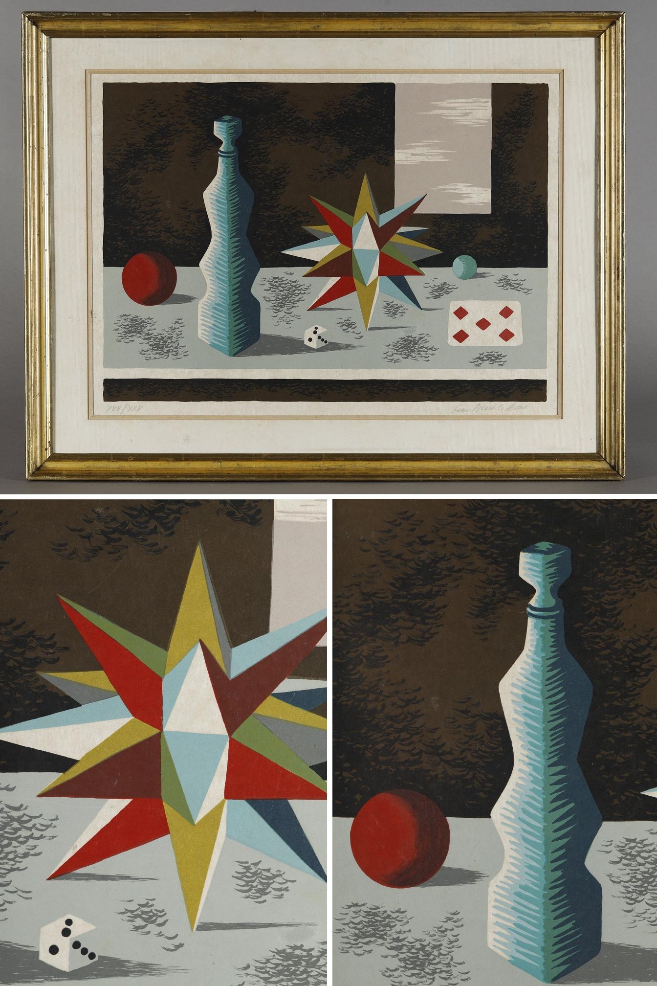 Original colored lithograph on japanese paper, countersigned and numbered XXII/XXV by Jean PICART LE DOUX (1902-1982), depicting playful elements, including a five of diamonds and a dice.

He was born in Paris in 1902, and soon abandoned his studies