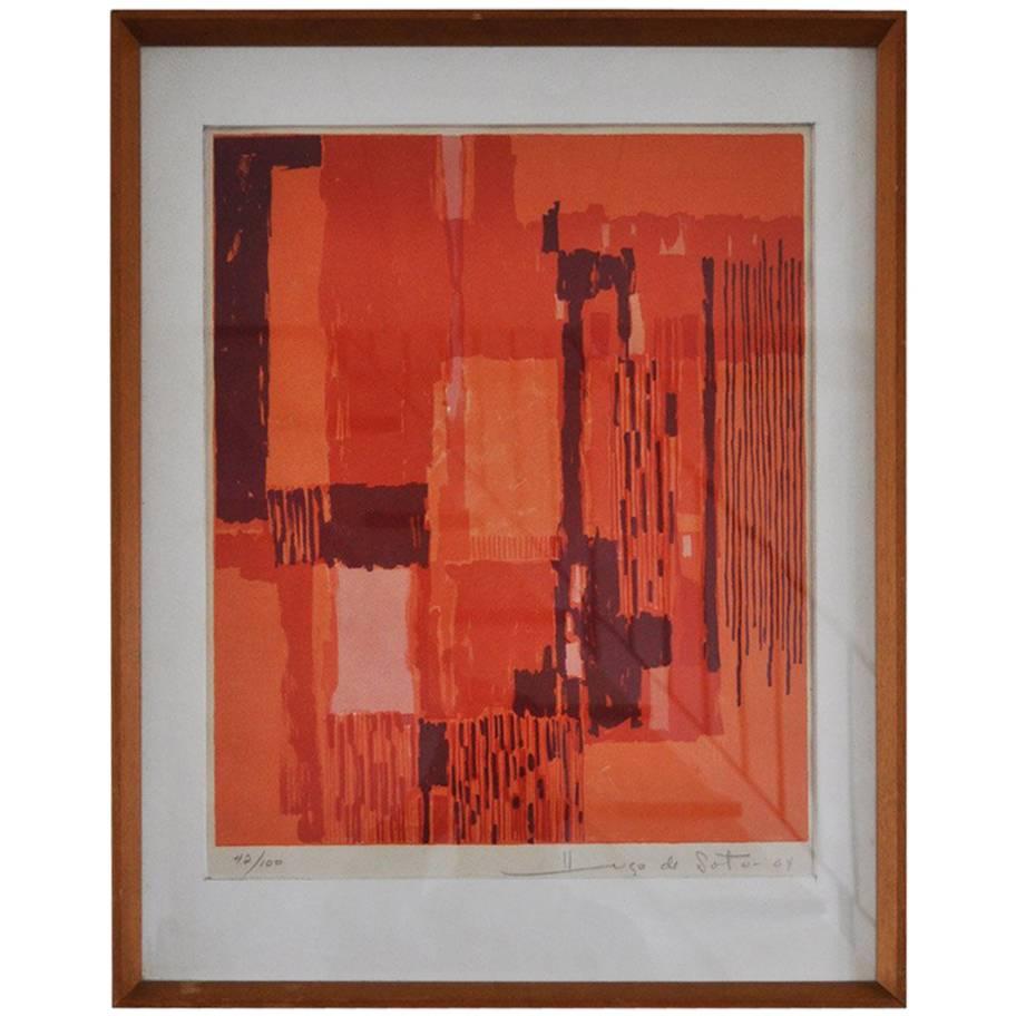Lithographie in roten und orangefarbenen Farben von Hugo de Soto im Angebot