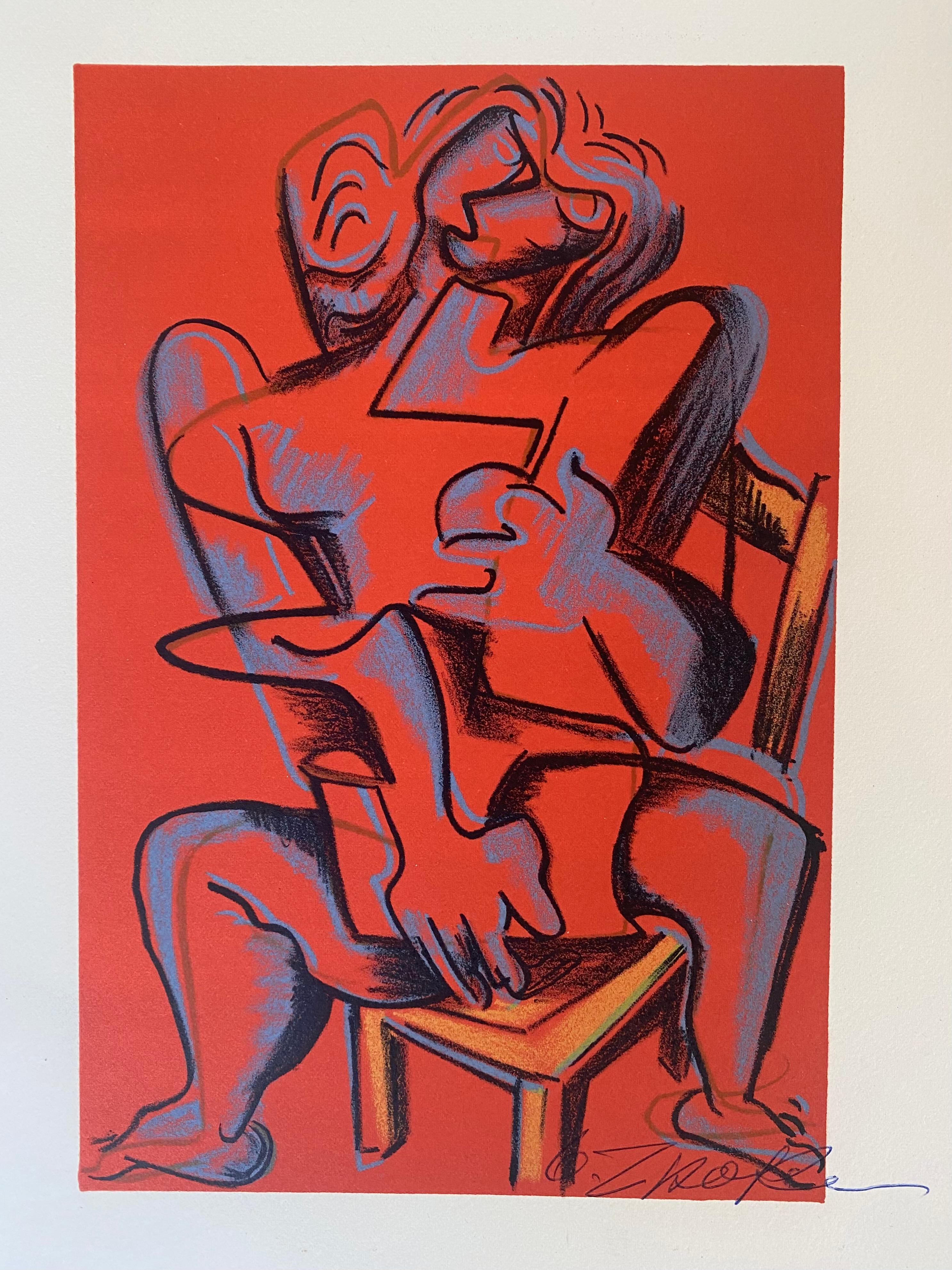 Milieu du XXe siècle Lithographie « The works of Hercules » (Les œuvres d'Hercule), rouge, Zadkine en vente