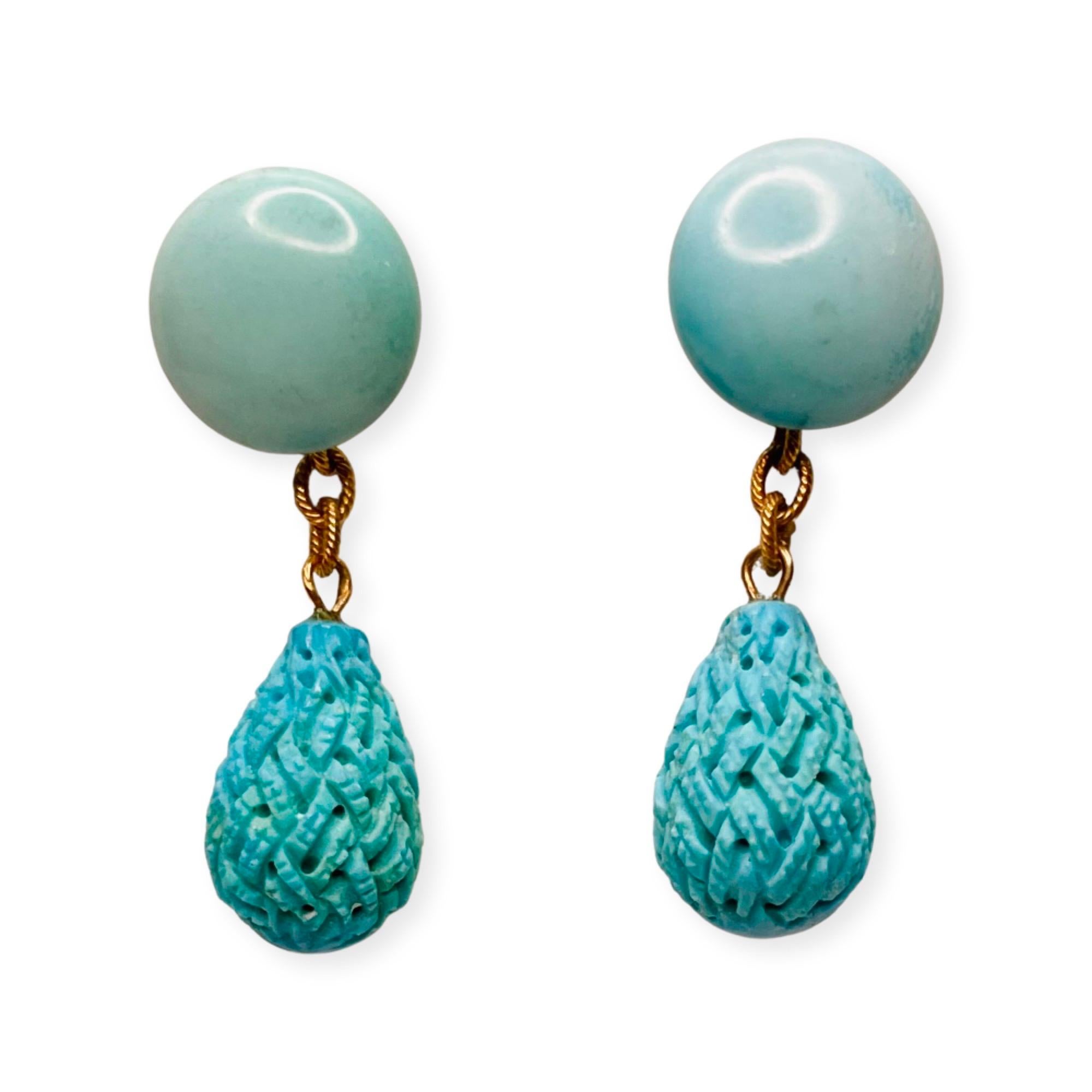 Lithos 14K & 18K Yellow Gold Turquoise Earrings. The tops are 12.0 mm disks with 14K yellow gold posts. An 18K cable chain holds the carved turquoise drops. The drops are integral-one solid piece of carved turquoise. The drops measures 15.0 mm by