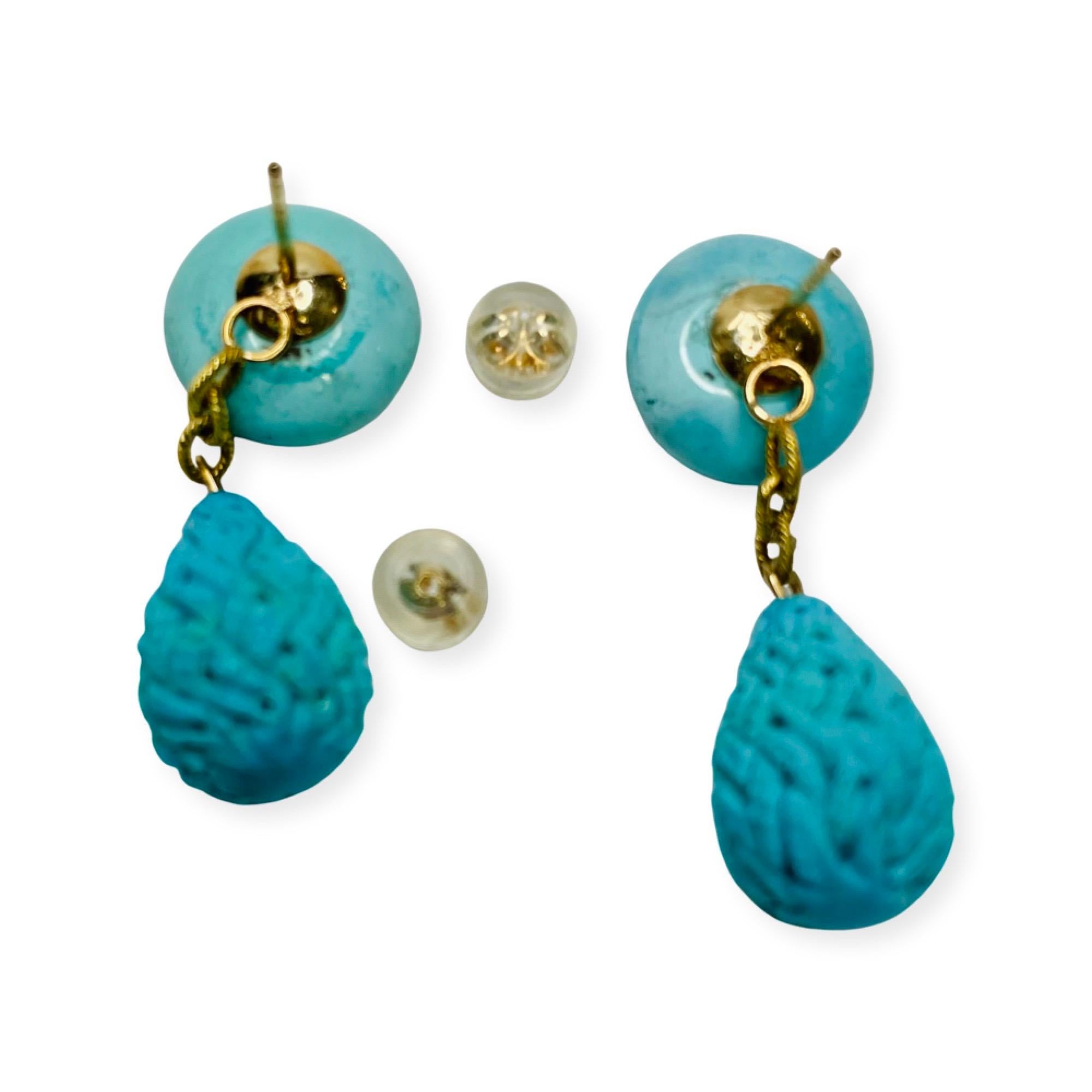 Contemporary Lithos 14K & 18K Yellow Gold Turquoise Earrings For Sale