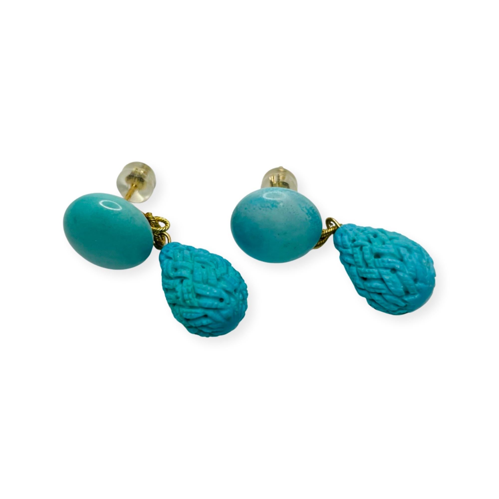Round Cut Lithos 14K & 18K Yellow Gold Turquoise Earrings For Sale