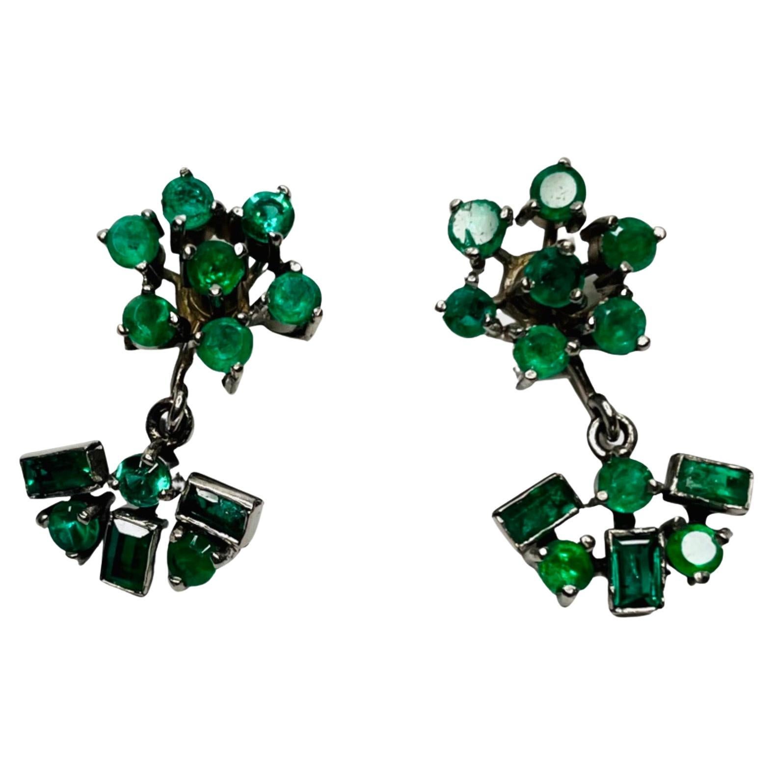 Lithos 14K White Gold Natural Emerald Earrings for Non Pierced Ears For Sale