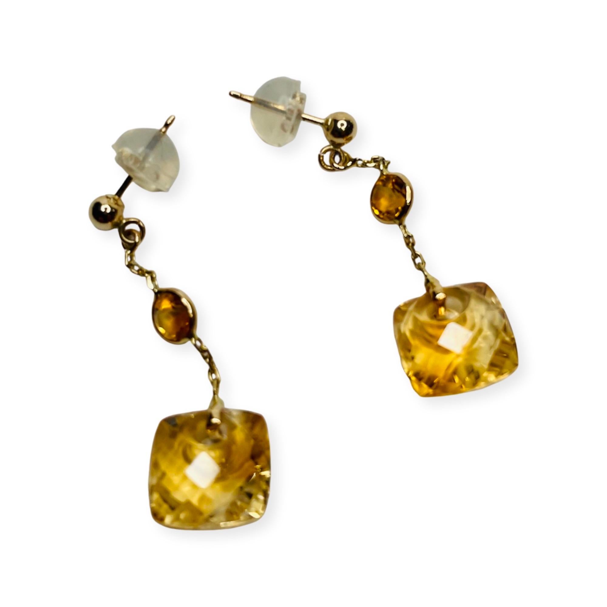 Cushion Cut Lithos 14K Yellow Gold Citrine Earrings For Sale