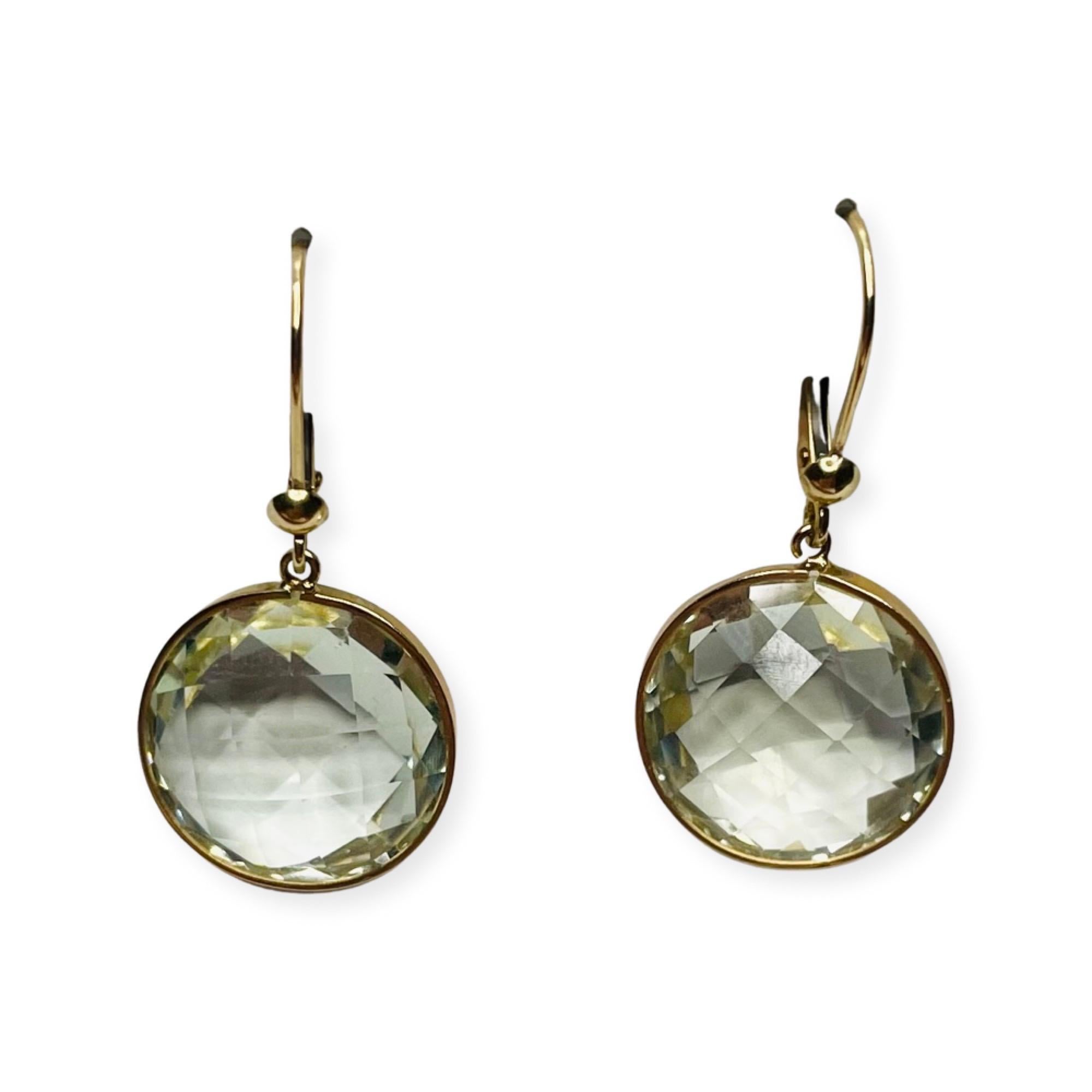 Lithos 14K Yellow Gold Green Quartz Earrings. The stones are checkerboard cut. They are 15.68 mm in diameter and bezel set. They hang from French wires. 
400-70-835