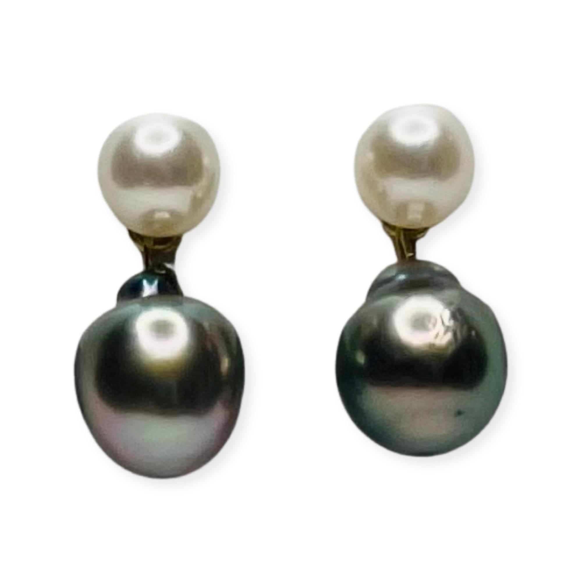 Lithos 14K & 18K Yellow Gold Cultured Japanese Akoya and Natural Color Tahitian Black Pearl Earrings. The akoya pearls are 7.0 mm - 7.5 mm. They are round with slight blemishes and high luster. The Tahitian black pearls are 10.0 mm - 10.5 mm. These