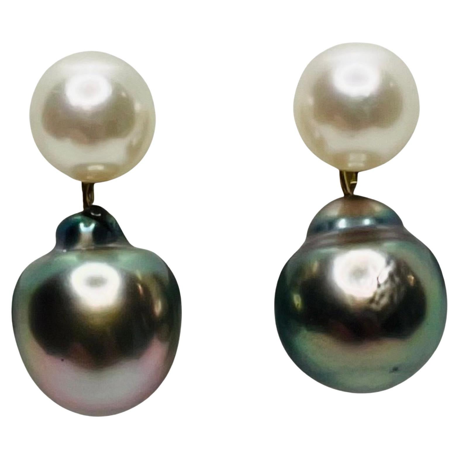 Lithos 18K 14K Gold Cultured Japanese Akoya Tahitian Black Pearl Earrings For Sale
