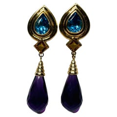 Lithos 18k & 14K Yellow Gold, Blue Topaz, Citrine and Amethyst Earrings