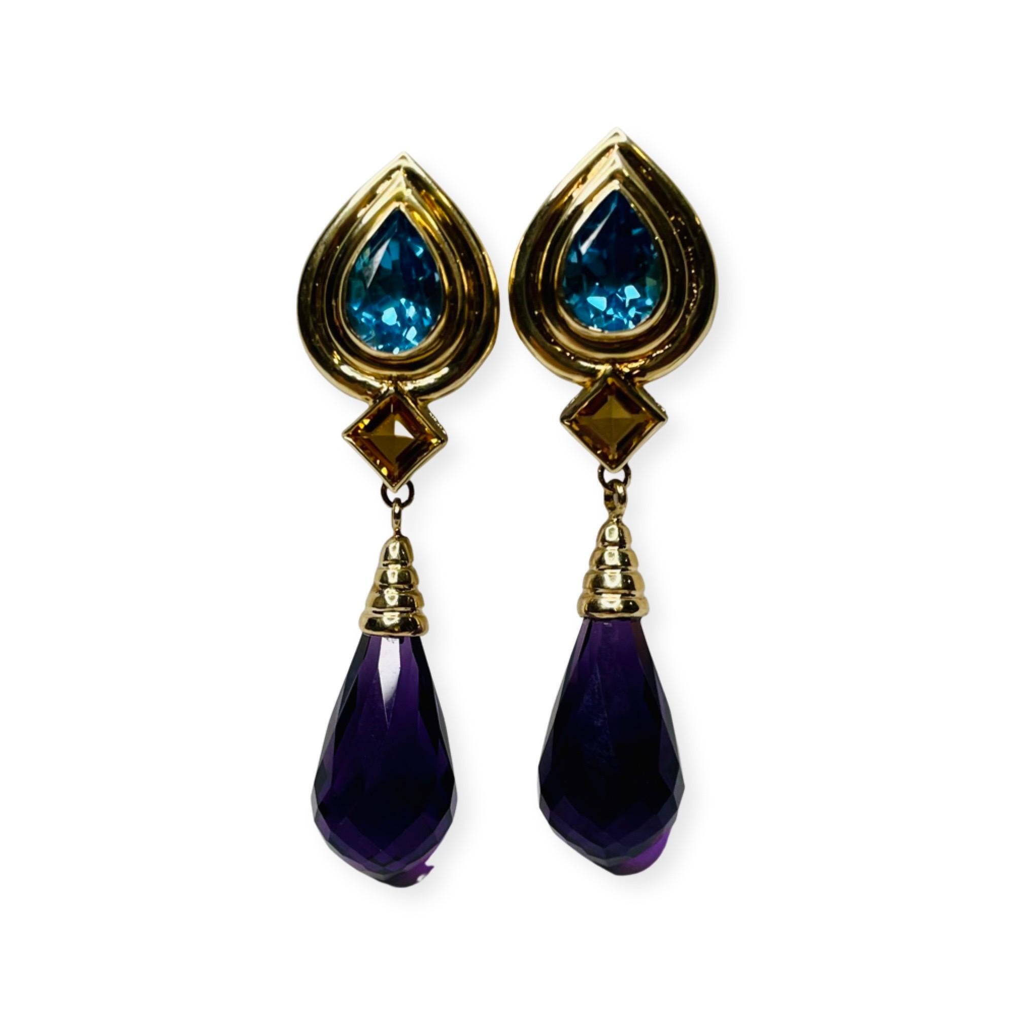 Contemporary Lithos 18k & 14K Yellow Gold, Blue Topaz, Citrine and Amethyst Earrings For Sale