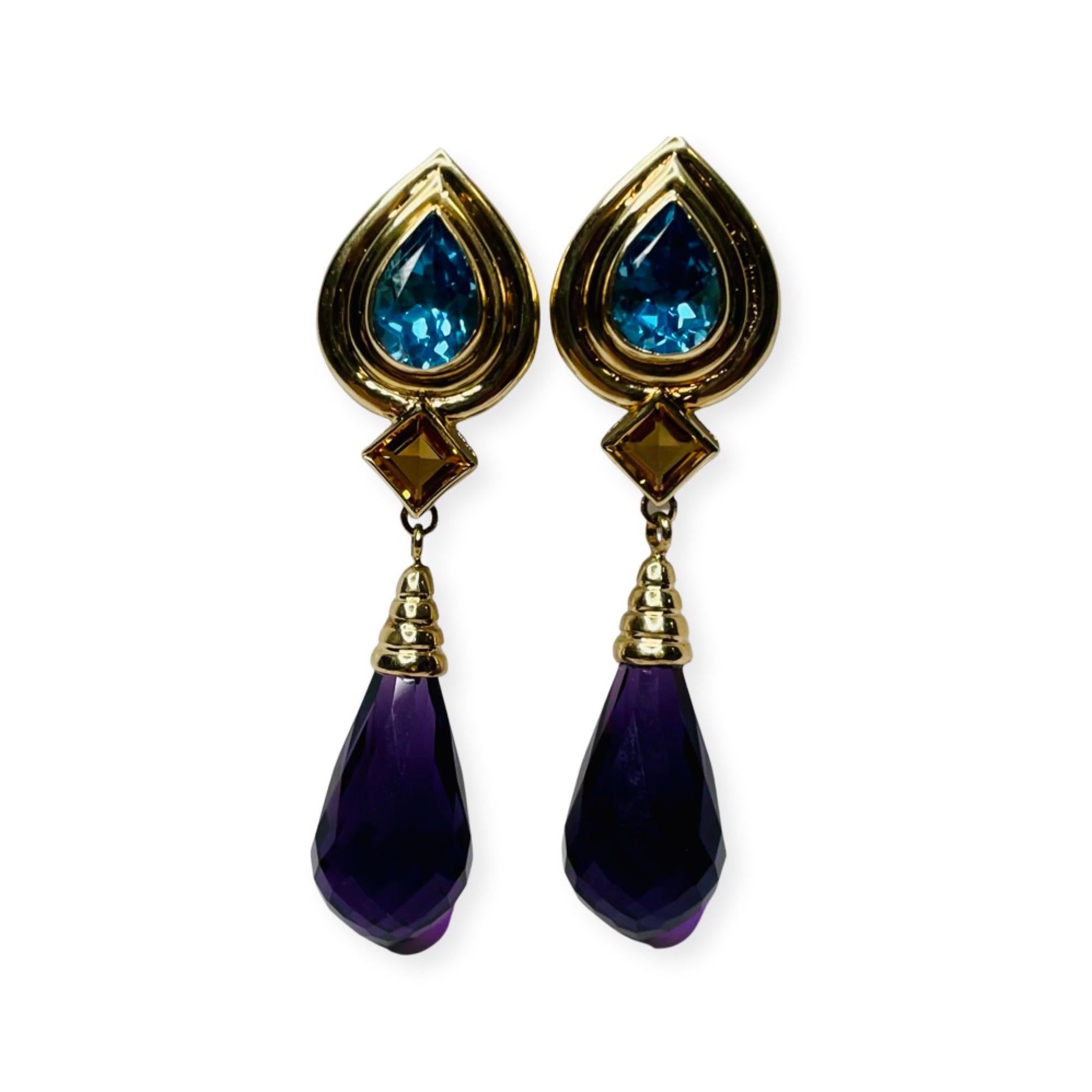 Pear Cut Lithos 18k & 14K Yellow Gold, Blue Topaz, Citrine and Amethyst Earrings For Sale