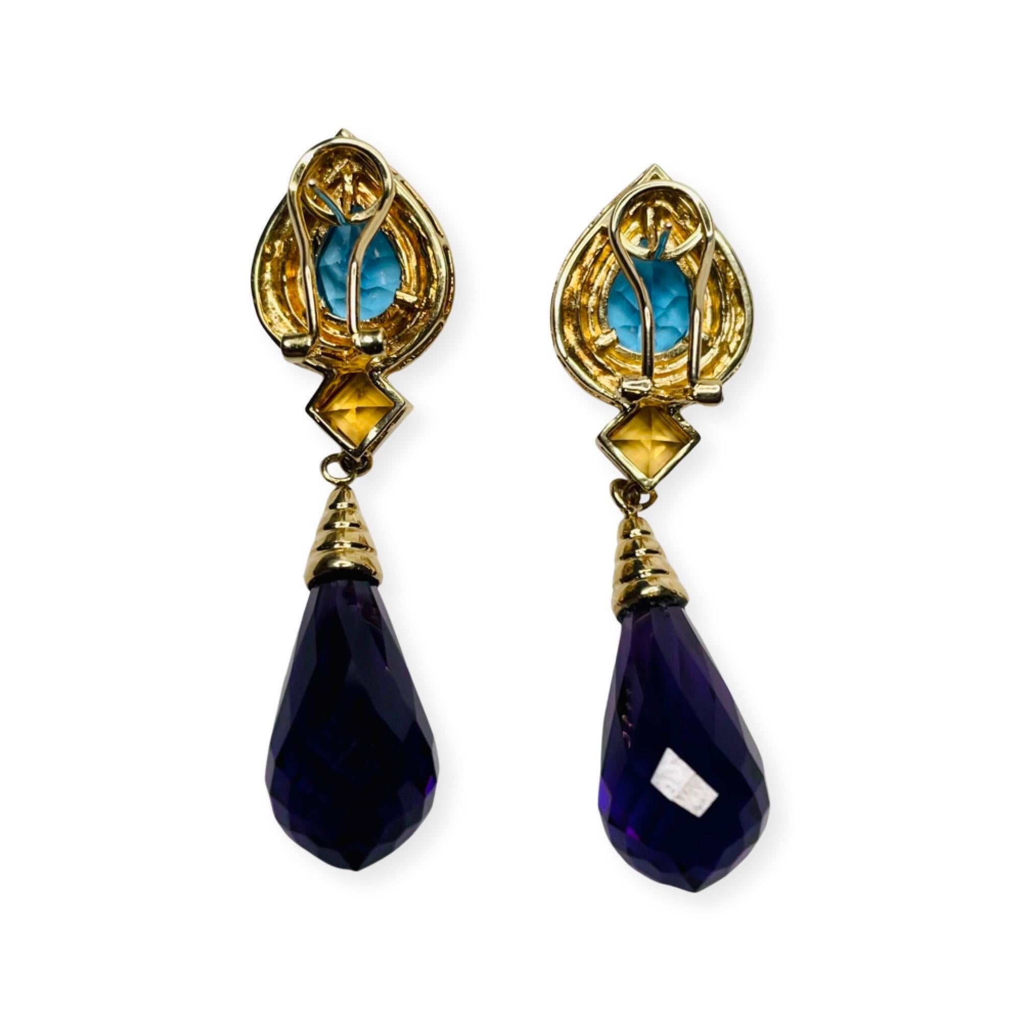 Lithos 18k & 14K Yellow Gold, Blue Topaz, Citrine and Amethyst Earrings In New Condition For Sale In Kirkwood, MO