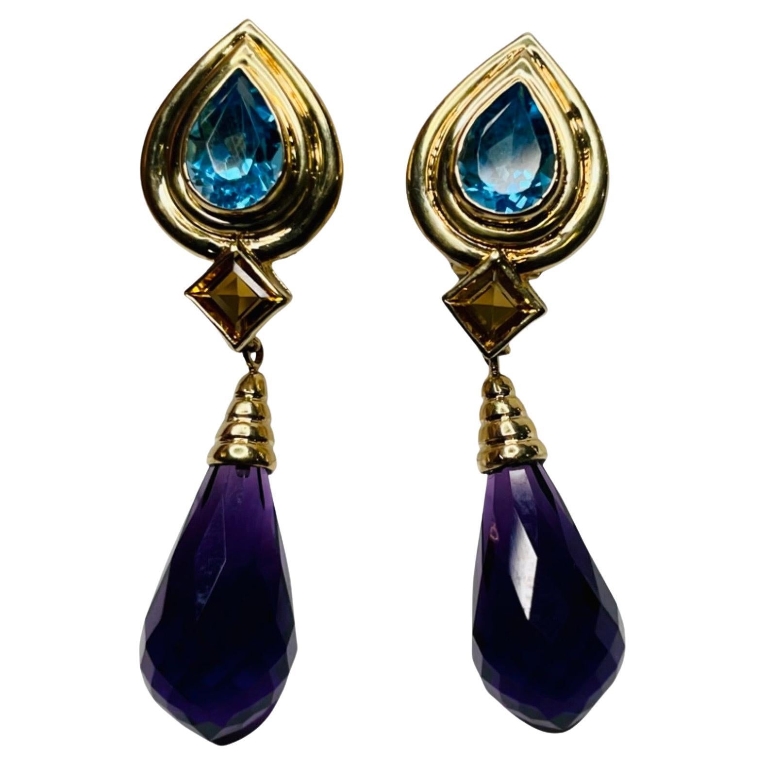 Lithos 18k & 14K Yellow Gold, Blue Topaz, Citrine and Amethyst Earrings For Sale