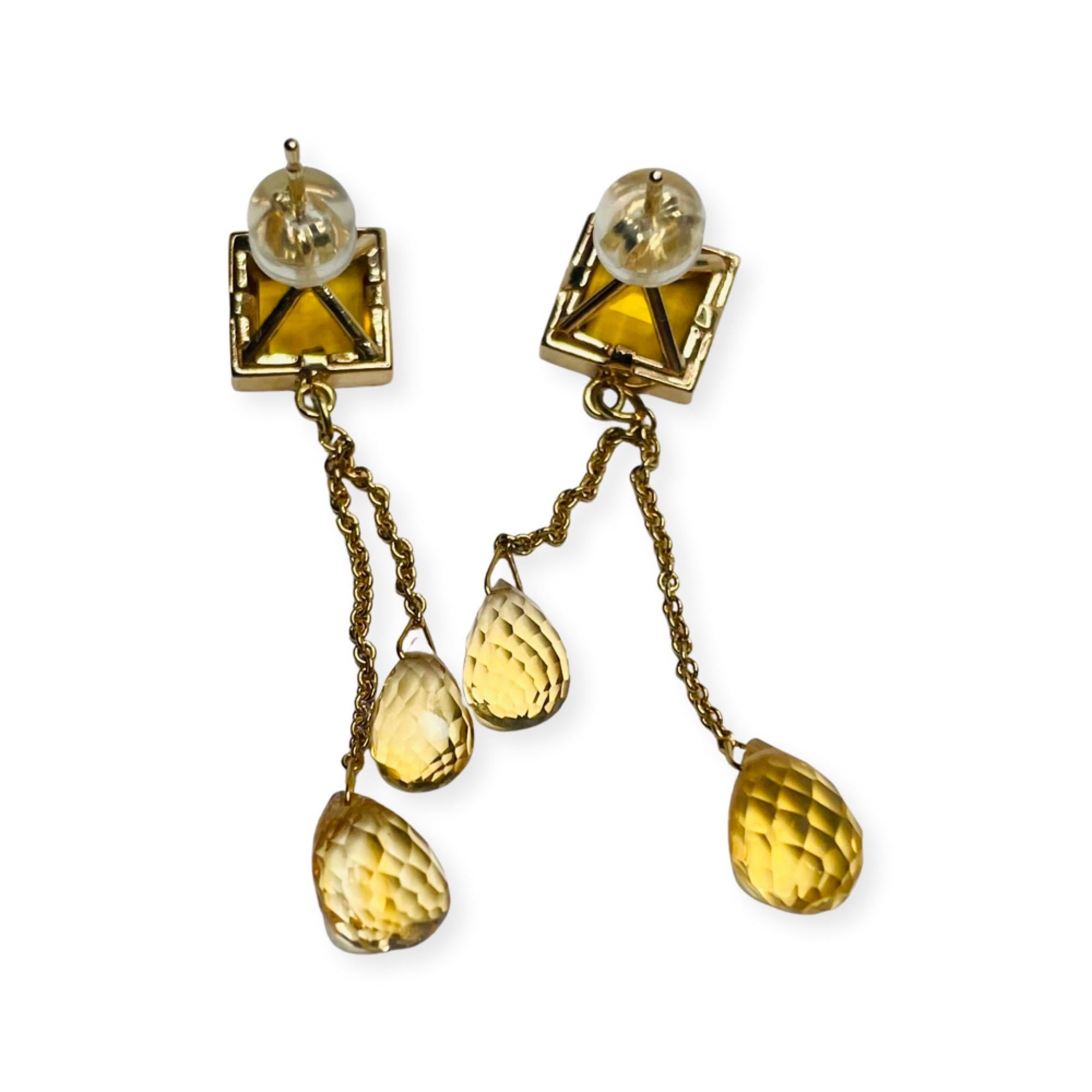 Square Cut Lithos 18K & 14K Yellow Gold Citrine Earrings For Sale
