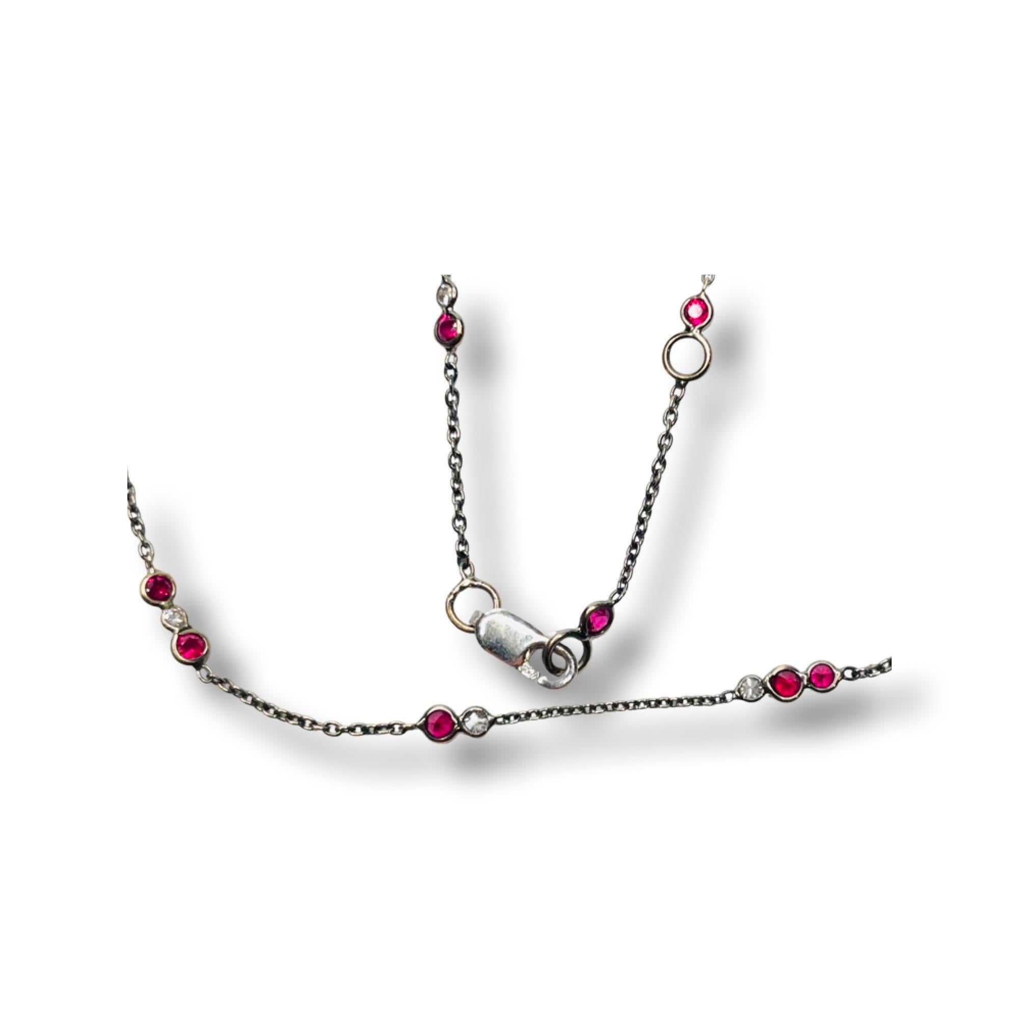 Contemporary Lithos 18K White Gold Black Rhodium Plated Ruby & Diamond Necklace For Sale