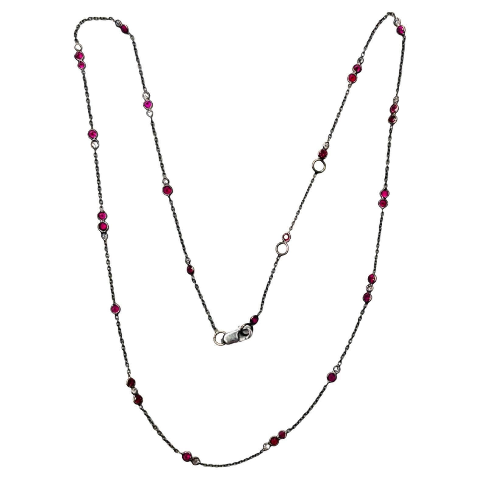 Lithos 18K White Gold Black Rhodium Plated Ruby & Diamond Necklace For Sale