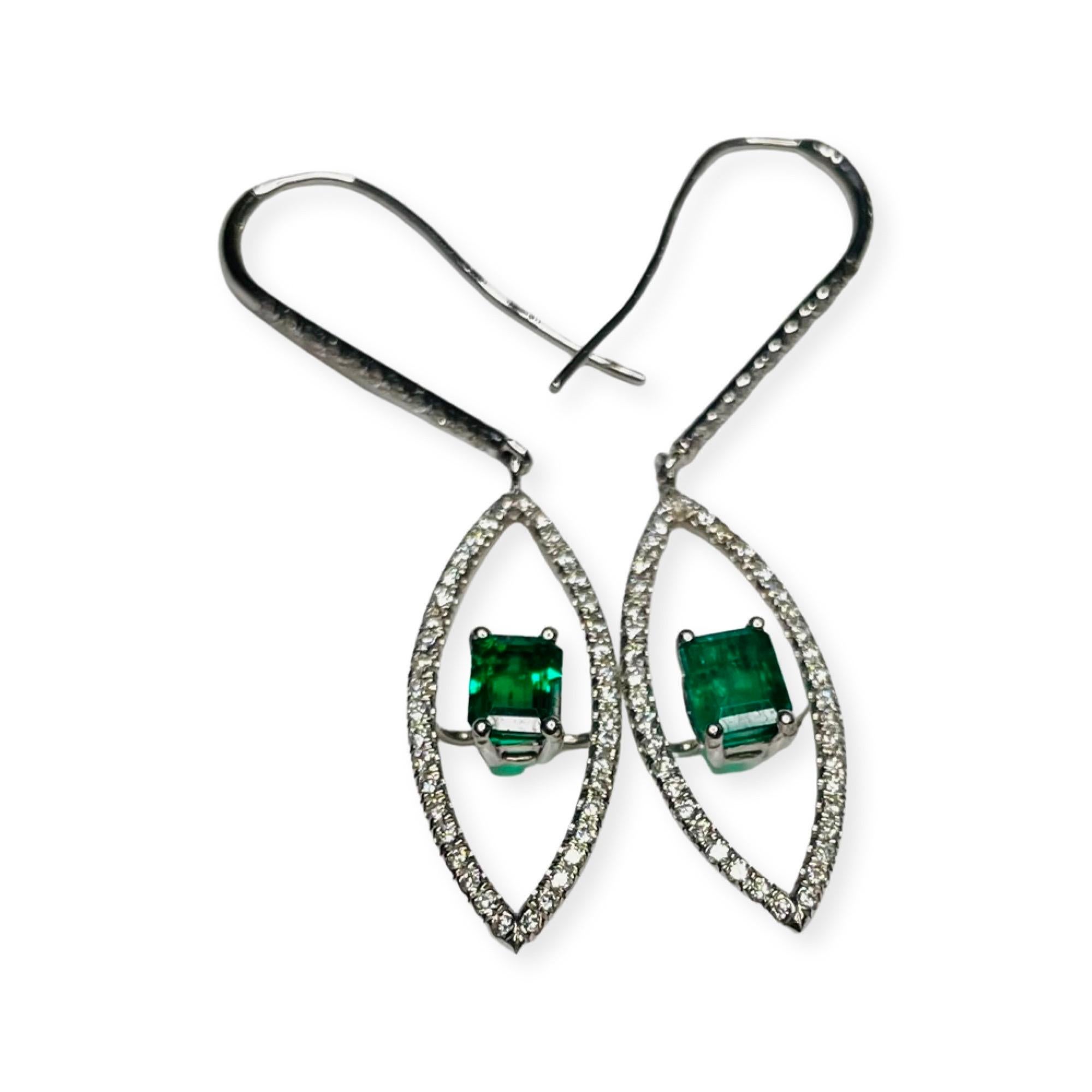 Contemporary Lithos 18K White Gold Diamond & Emerald Earrings For Sale