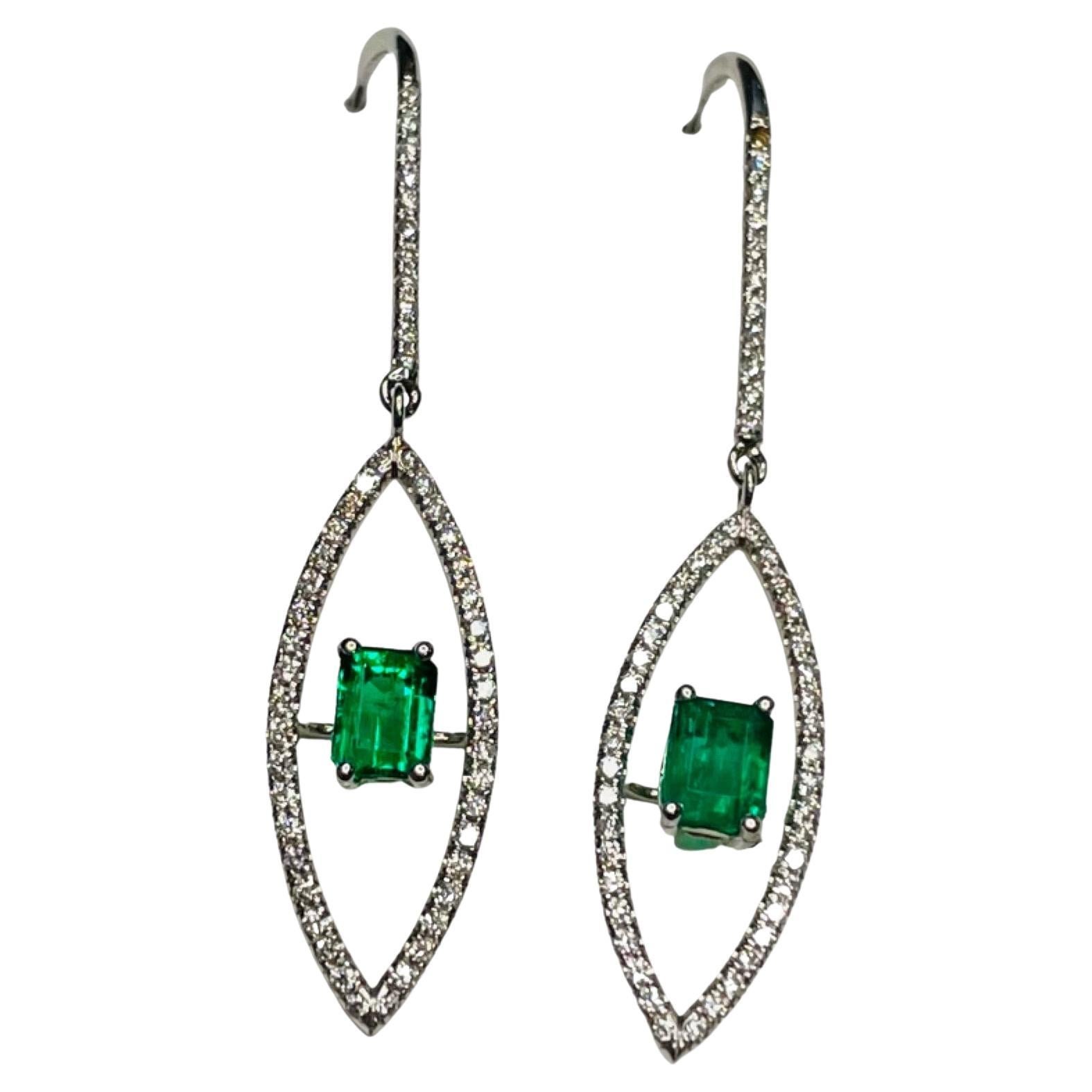 Lithos 18K White Gold Diamond & Emerald Earrings For Sale
