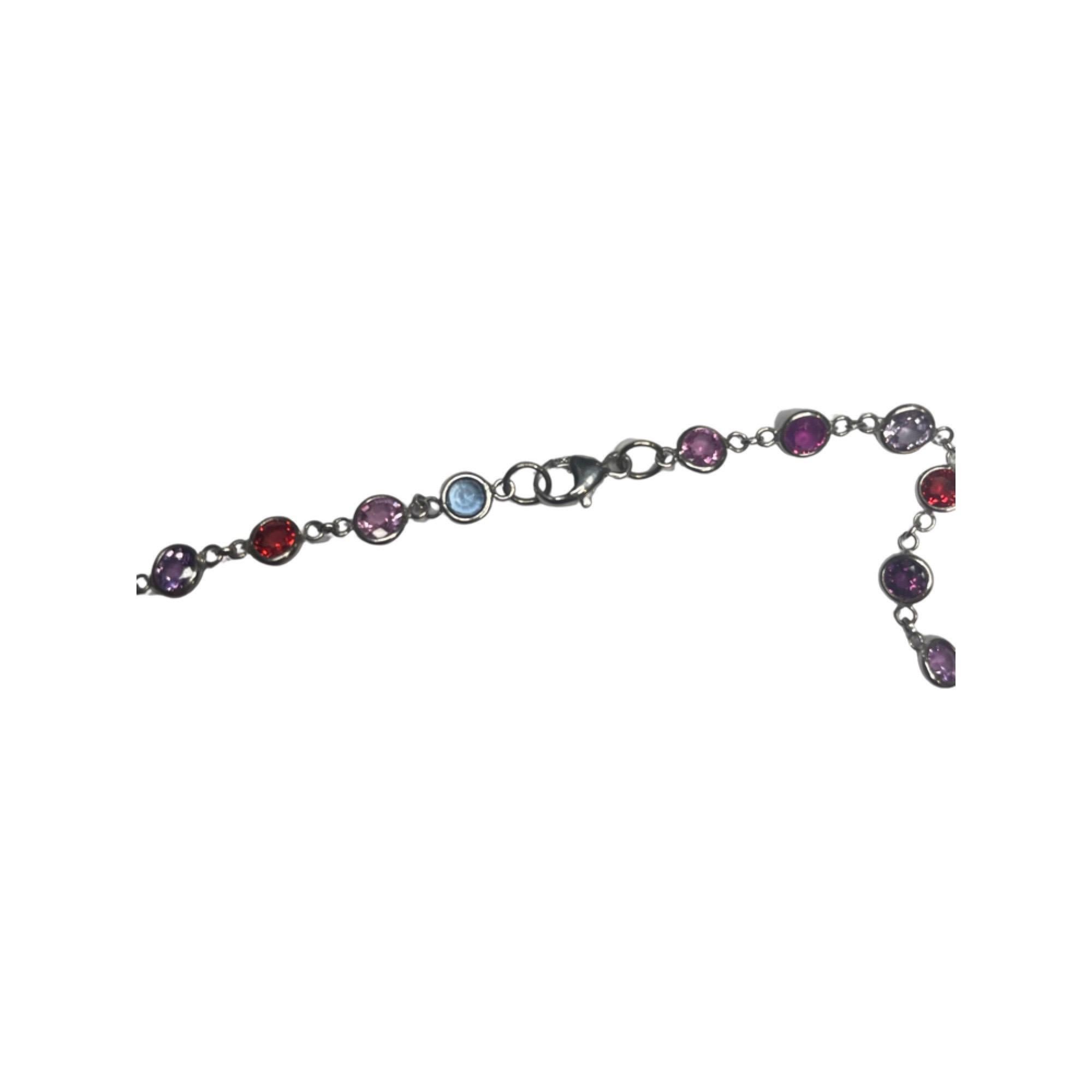 Round Cut Lithos 18K White Gold Multi Colored Sapphire Necklace For Sale